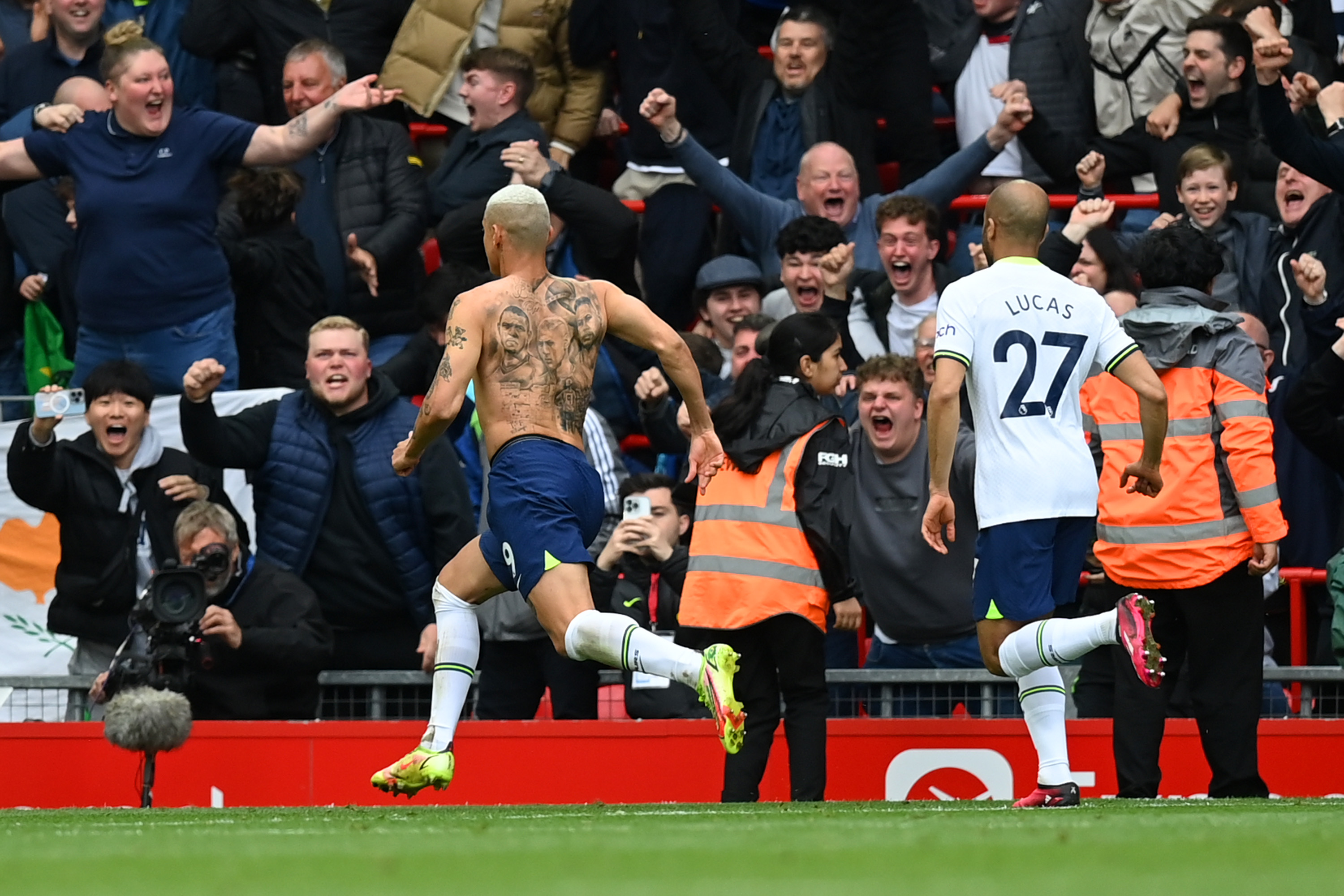 Richarlison of Tottenham Hotspur celebrates after scoring the team’s third goal during the Premier League match between Liverpool FC and Tottenham Hotspur at Anfield on April 30, 2023 in Liverpool, England. This goal did not bring Tottenham any points.
