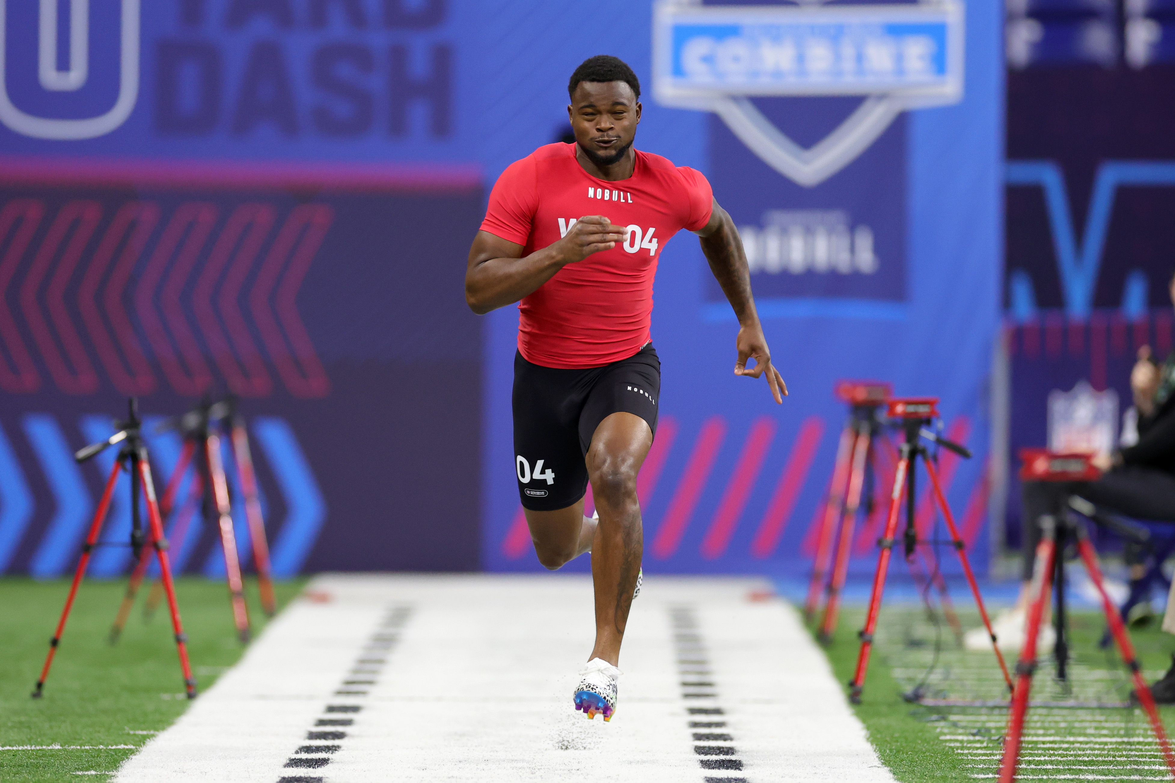 Kayshon Boutte of Louisiana State participates in the 40-yard dash during the NFL Combine at Lucas Oil Stadium on March 04, 2023 in Indianapolis, Indiana.