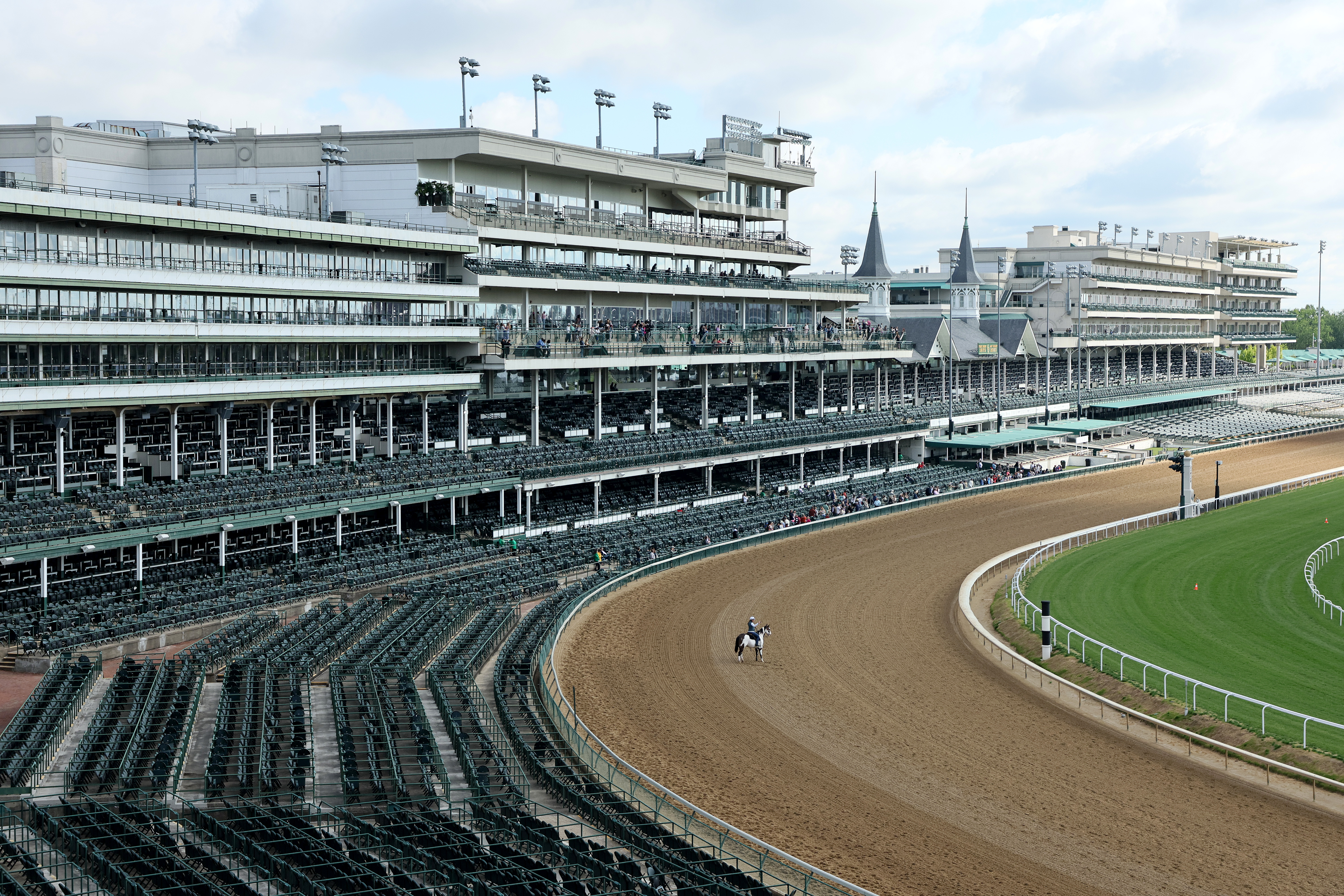 A general view of the track from the new seating and viewing area on the first turn during the morning training for the Kentucky Derby at Churchill Downs on April 30, 2023 in Louisville, Kentucky.