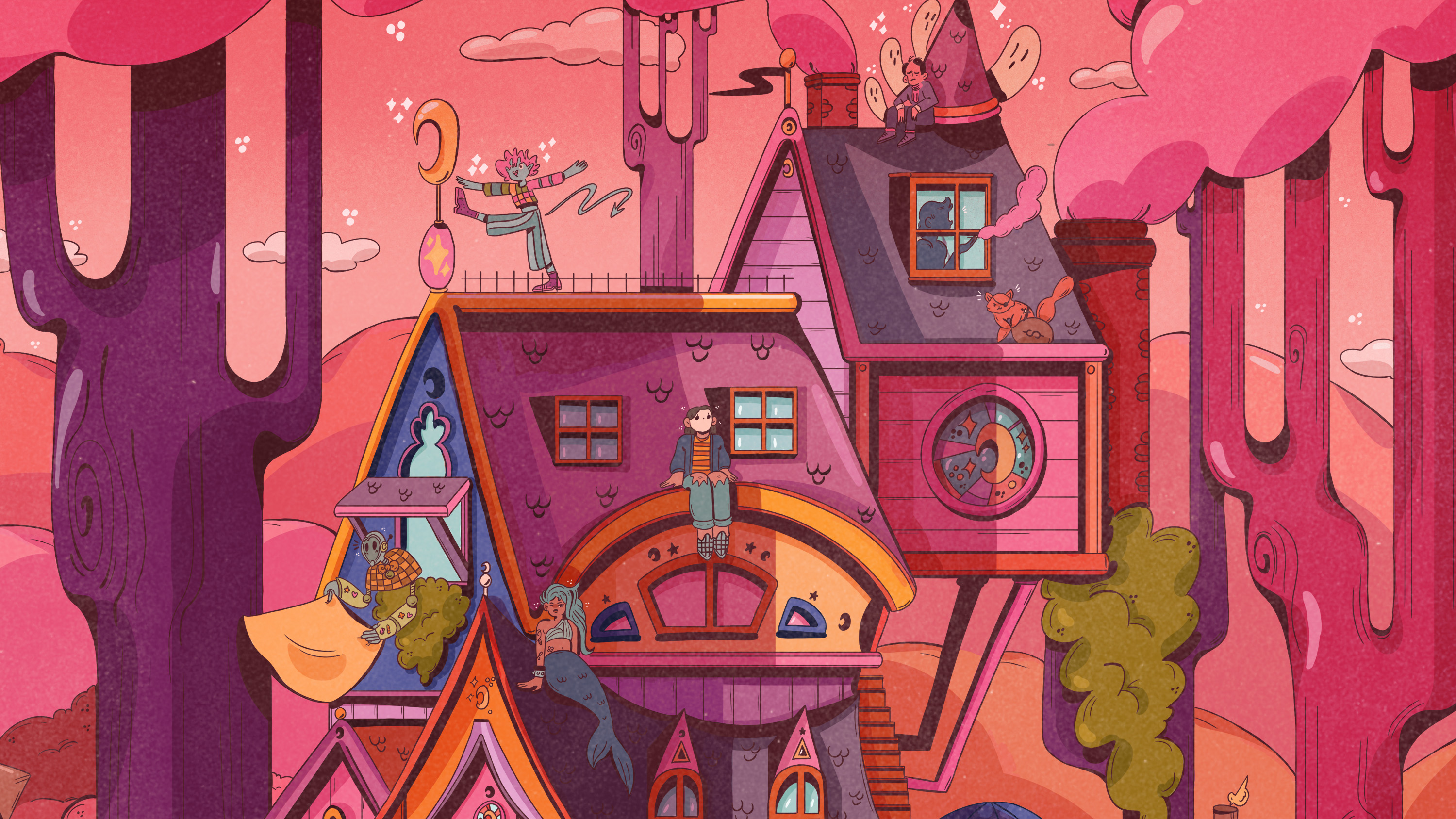 Colorful characters populate the roof of a Old Woman’s Shoe-style cottage, backlit by a rosy pink sky.
