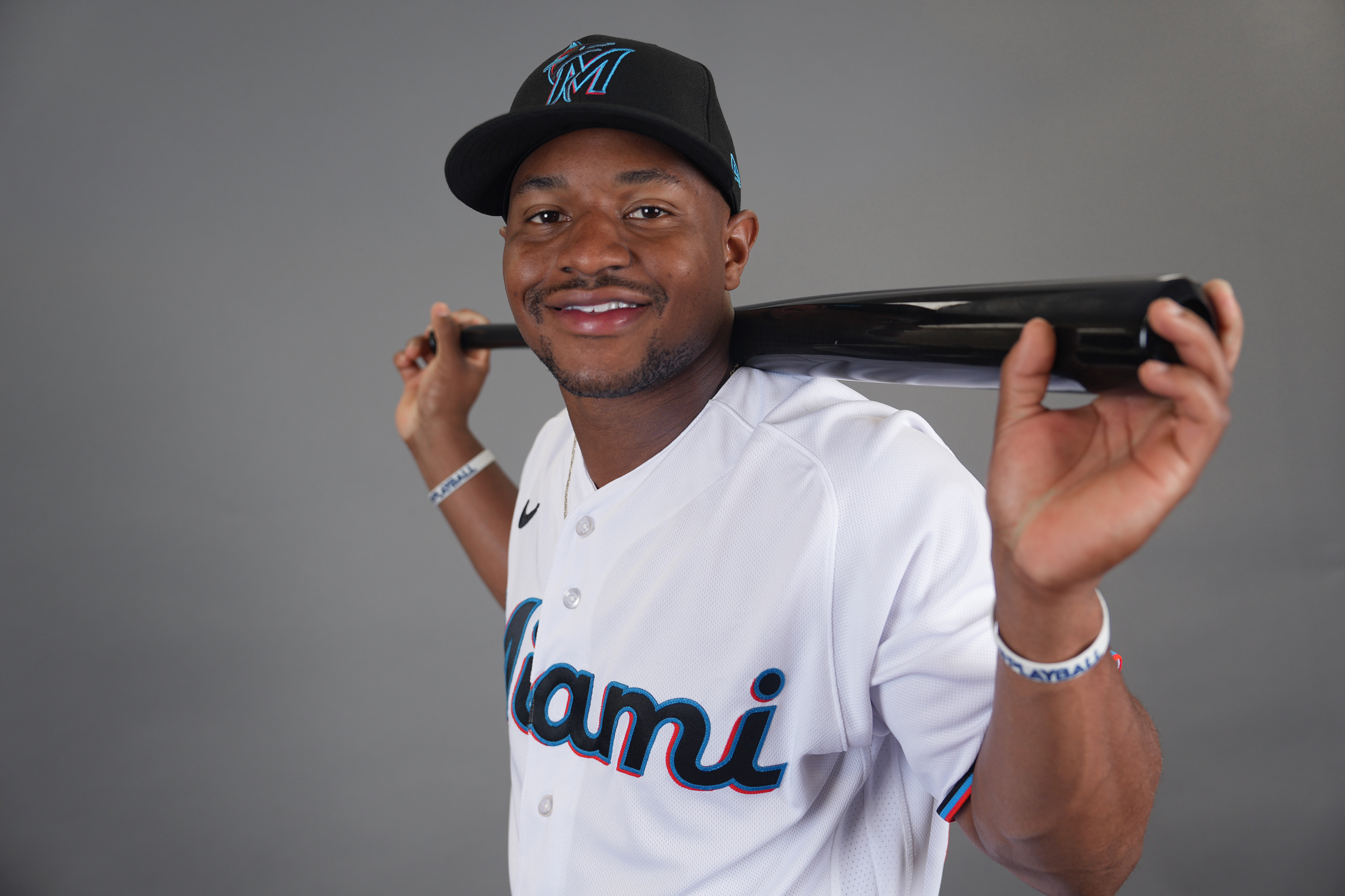 Miami Marlins infielder Xavier Edwards (63) poses for a photo during photo day at Roger Dean Chevrolet Stadium.