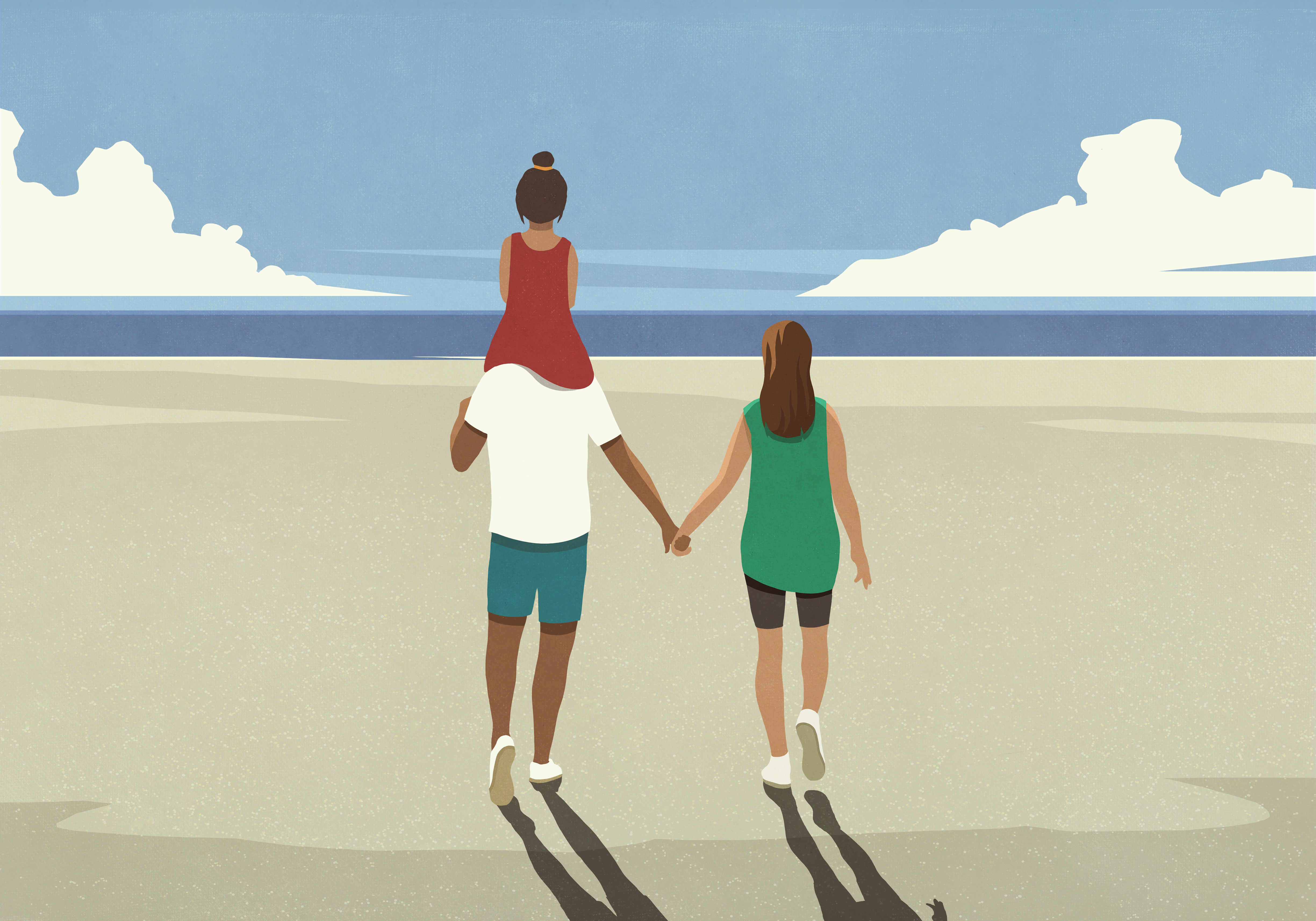 An illustration of a couple walking hand-in-hand on a beach. On one of their shoulders rides a child.