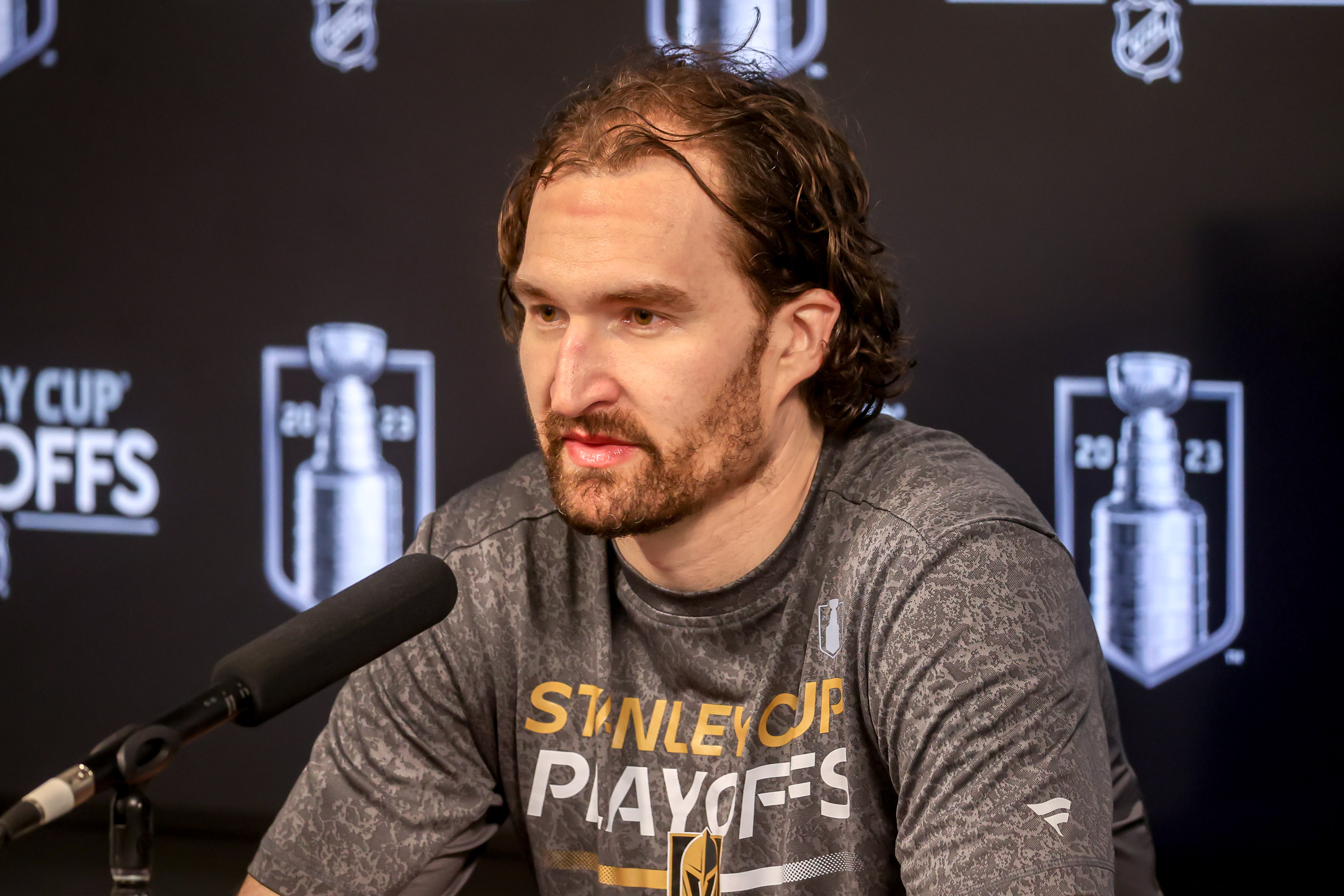 Mark Stone #61 of the Vegas Golden Knights takes part in the post-game press conference following a 5-4 double overtime victory over the Winnipeg Jets in Game Three of the First Round of the 2023 Stanley Cup Playoffs at the Canada Life Centre on April 22, 2023 in Winnipeg, Manitoba, Canada.