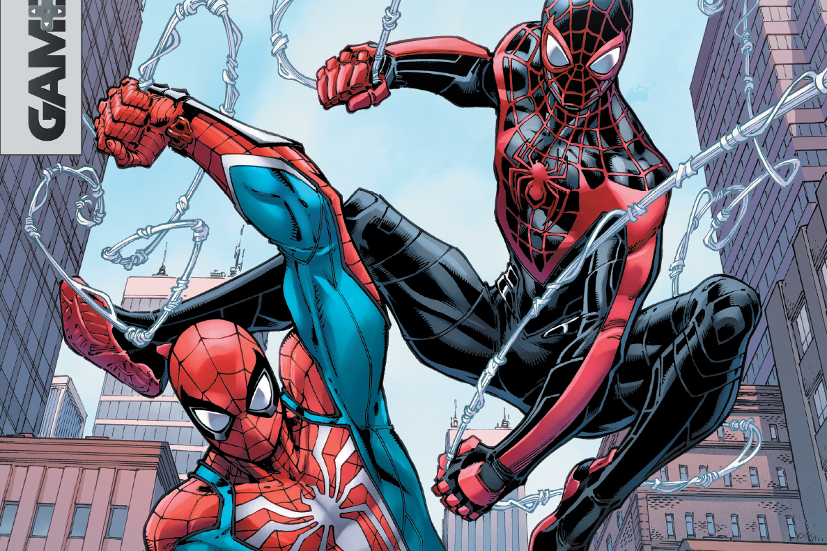 Spider-Man (Peter Parker) and Spider-Man (Miles Morales) websling through city streets on the cover of Spider-Man 2 #1. 