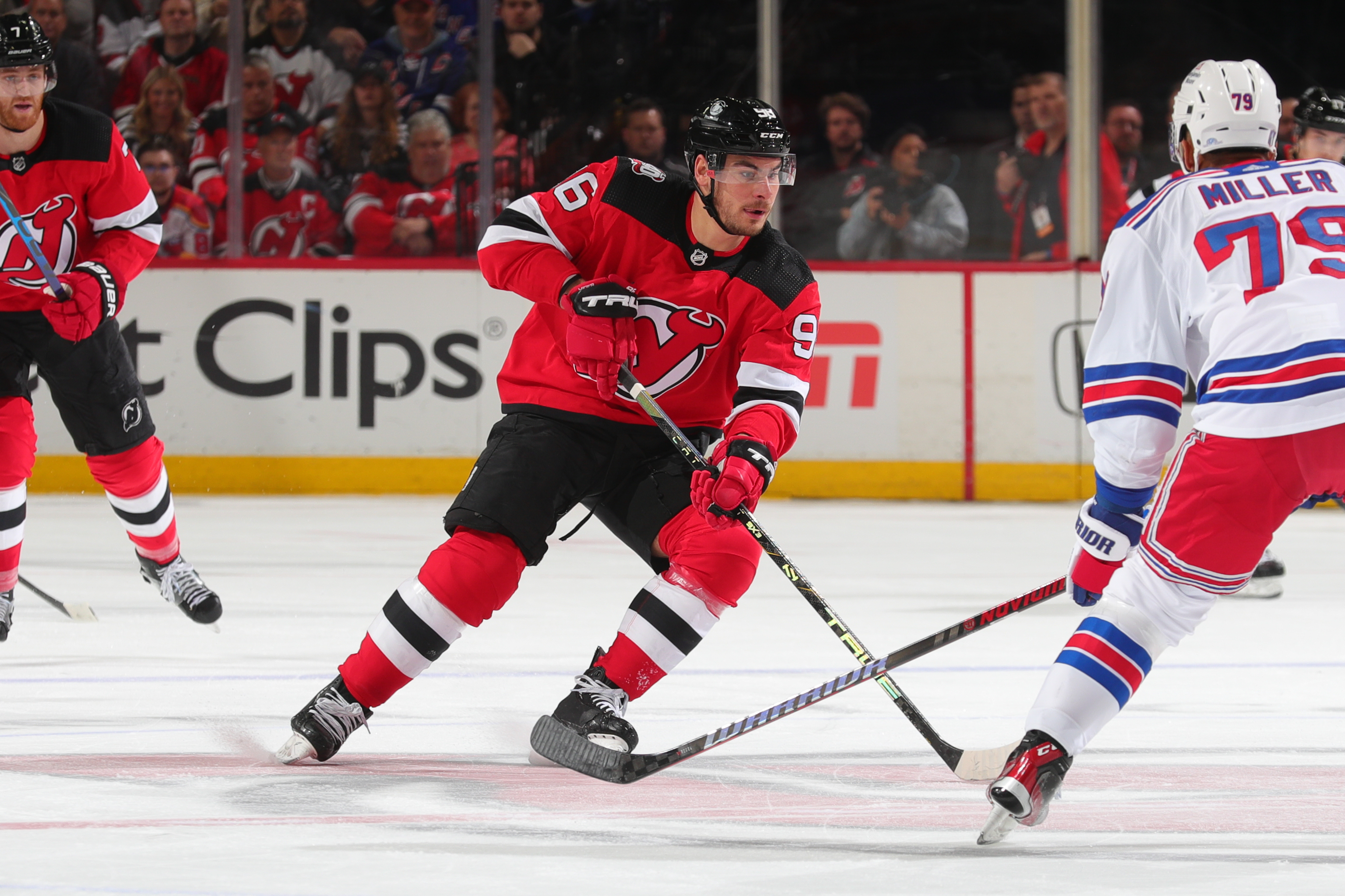 Timo Meier of the New Jersey Devils skates in the first period of Game Seven of the First Round of the 2023 Stanley Cup Playoffs against the New York Rangers at the Prudential Center on May 1, 2023 in Newark, New Jersey.