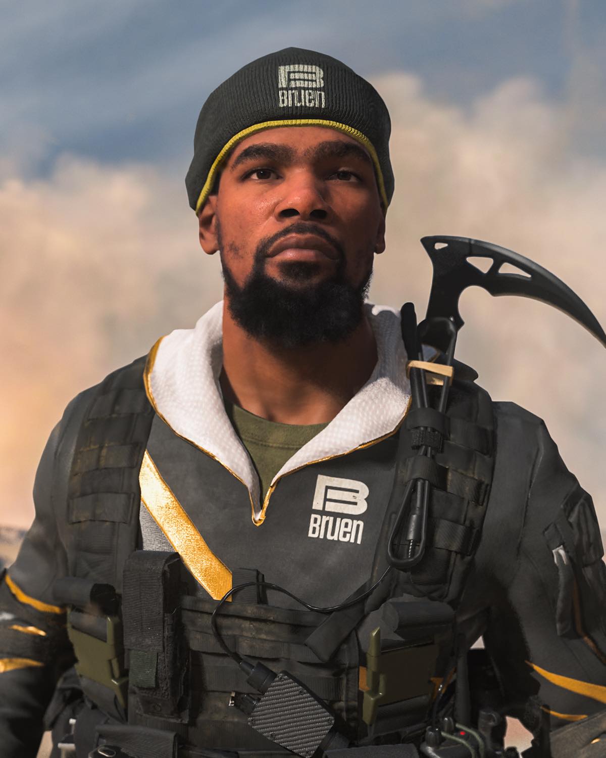 Kevin Durant as he appears in Call of Duty in 2023; he’s wearing a beanie and tactical gear, with a climbing axe poking out of his backpack