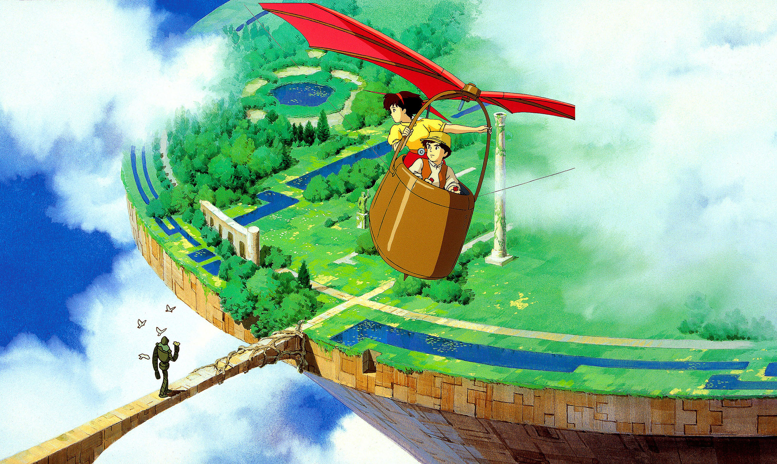 A girl and a boy drawn in anime style fly a simple flying machine above a flying city shrouded in clouds. Below, a giant robot walks across a sky bridge
