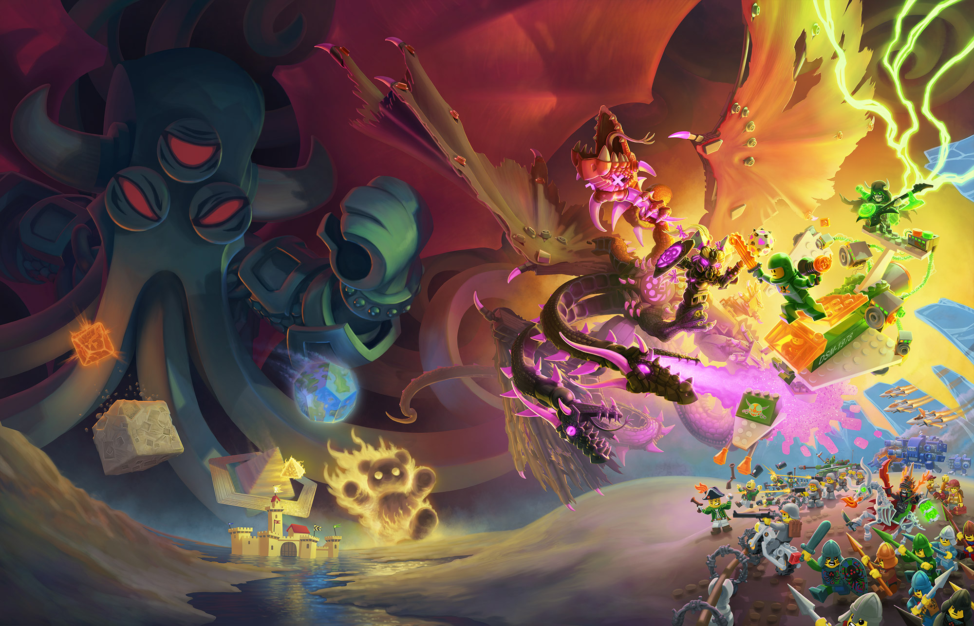 Key art for Brikwars’ definitive retail edition, showing tons of miniatures and toys come together in an epic, colorful battle with a Cthulu, a flaming teddy bear, an army of Lego figurines, and a flame spewing hydra.
