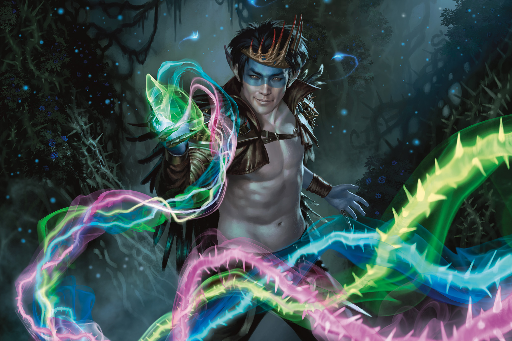 A Puck-like, pale-skinned humanoid nymph creature wearing a red crown — not unlike the MTG icon itself — wields a multicolored spell in official art from Magic: The Gathering’s Throne of Eldraine set.