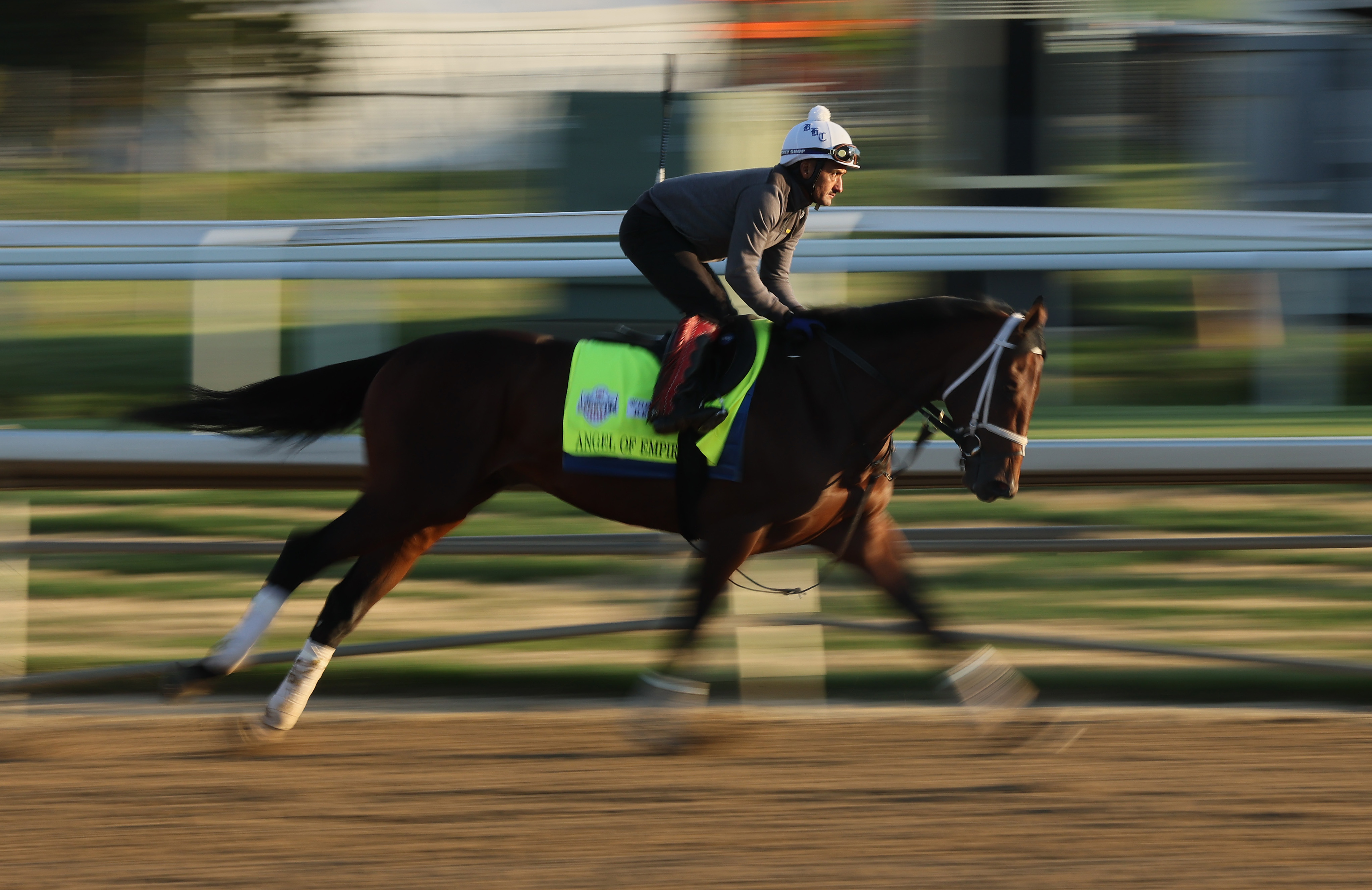 Angel of Empire during the morning training for the Kentucky Derby at Churchill Downs on May 04, 2023 in Louisville, Kentucky.