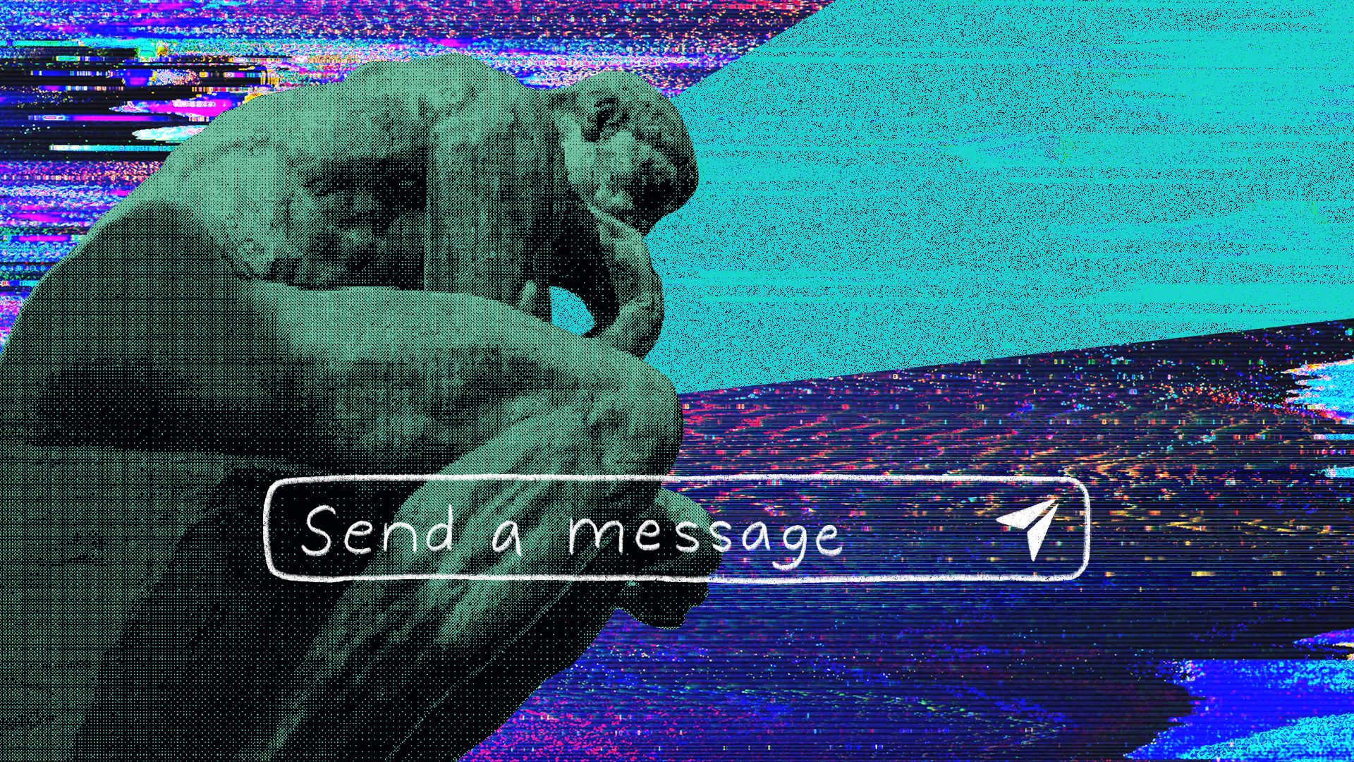 An illustration of a ChatGPT message bar that reads “send a message” sitting atop Auguste Rodin’s sculpture, The Thinker. Glitching computer screen in the background.