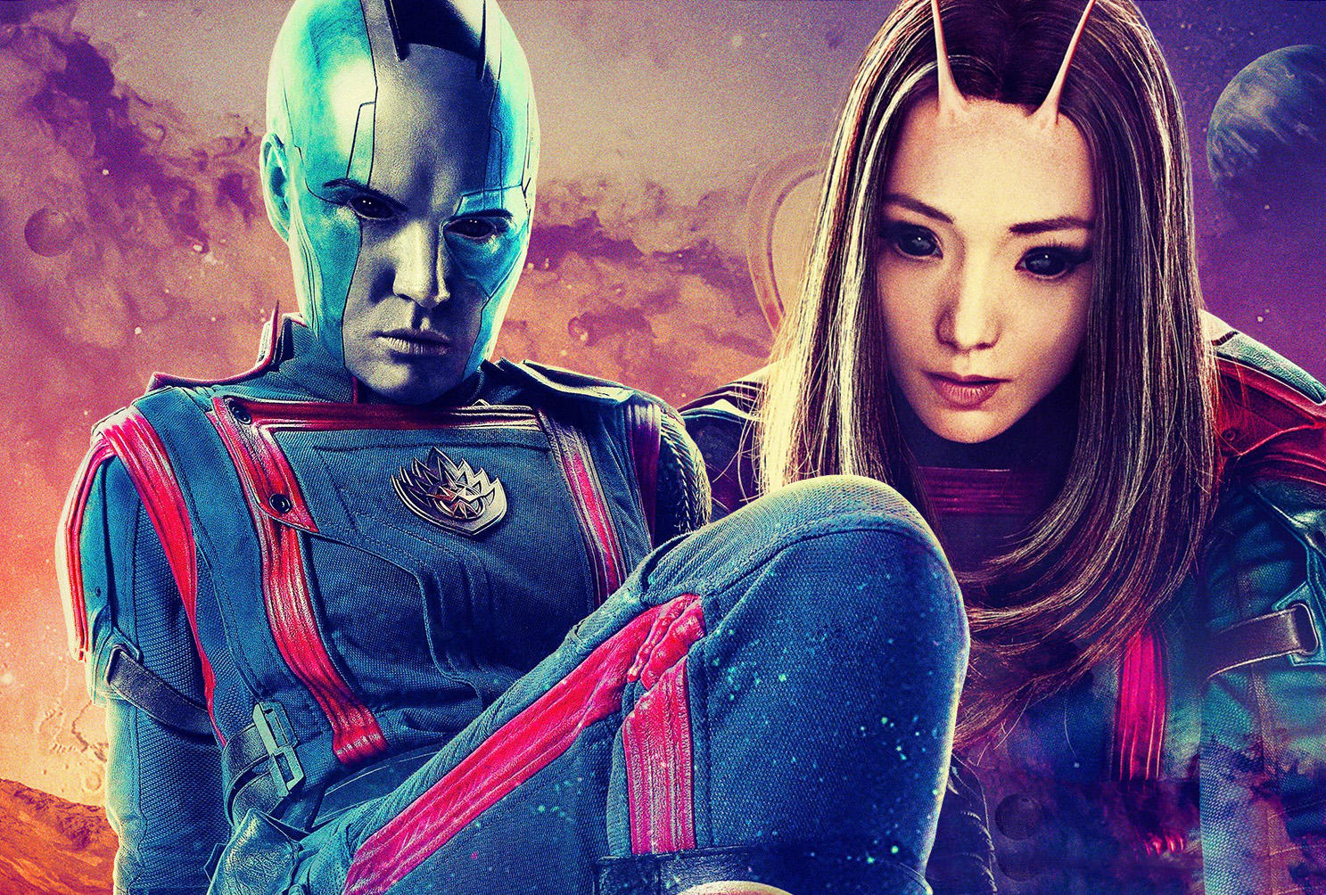 Nebula and Mantis from Guardians of the Galaxy Vol 3 pose in front of space