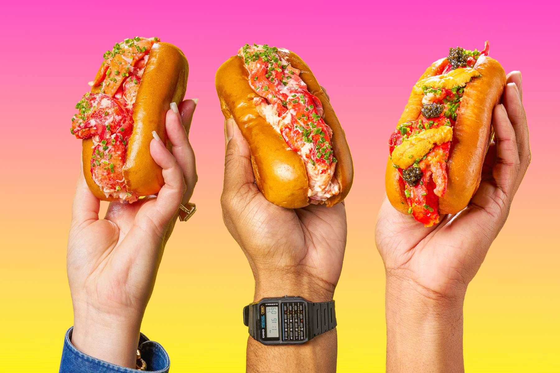A trio of hands, one using a watch, holding up lobster rolls against a pink and yellow background.