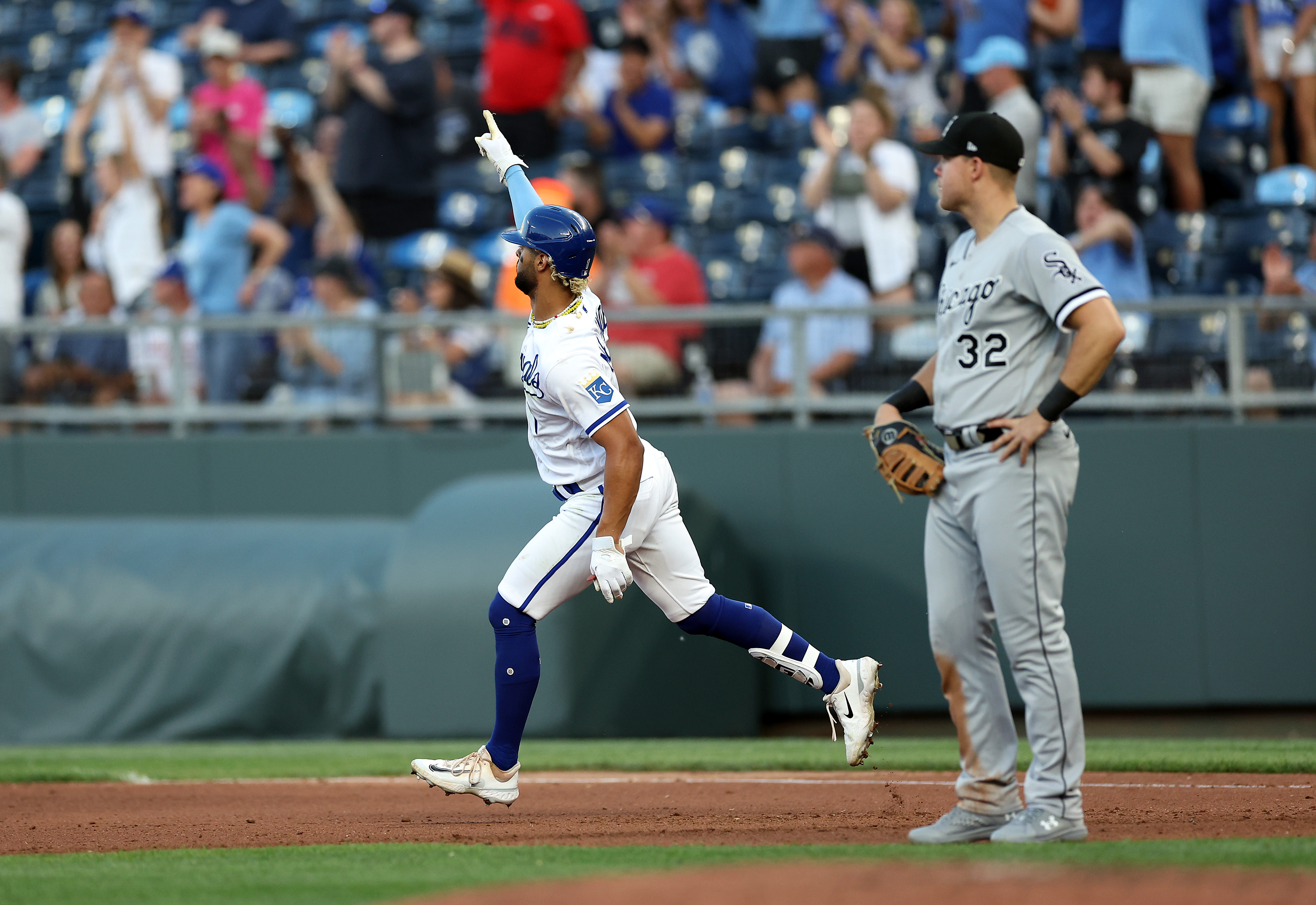 MJ Melendez #1 of the Kansas City Royals rounds the bases after hitting a two-run home run during the 4th inning of the game against the Chicago White Sox at Kauffman Stadium on May 08, 2023 in Kansas City, Missouri.