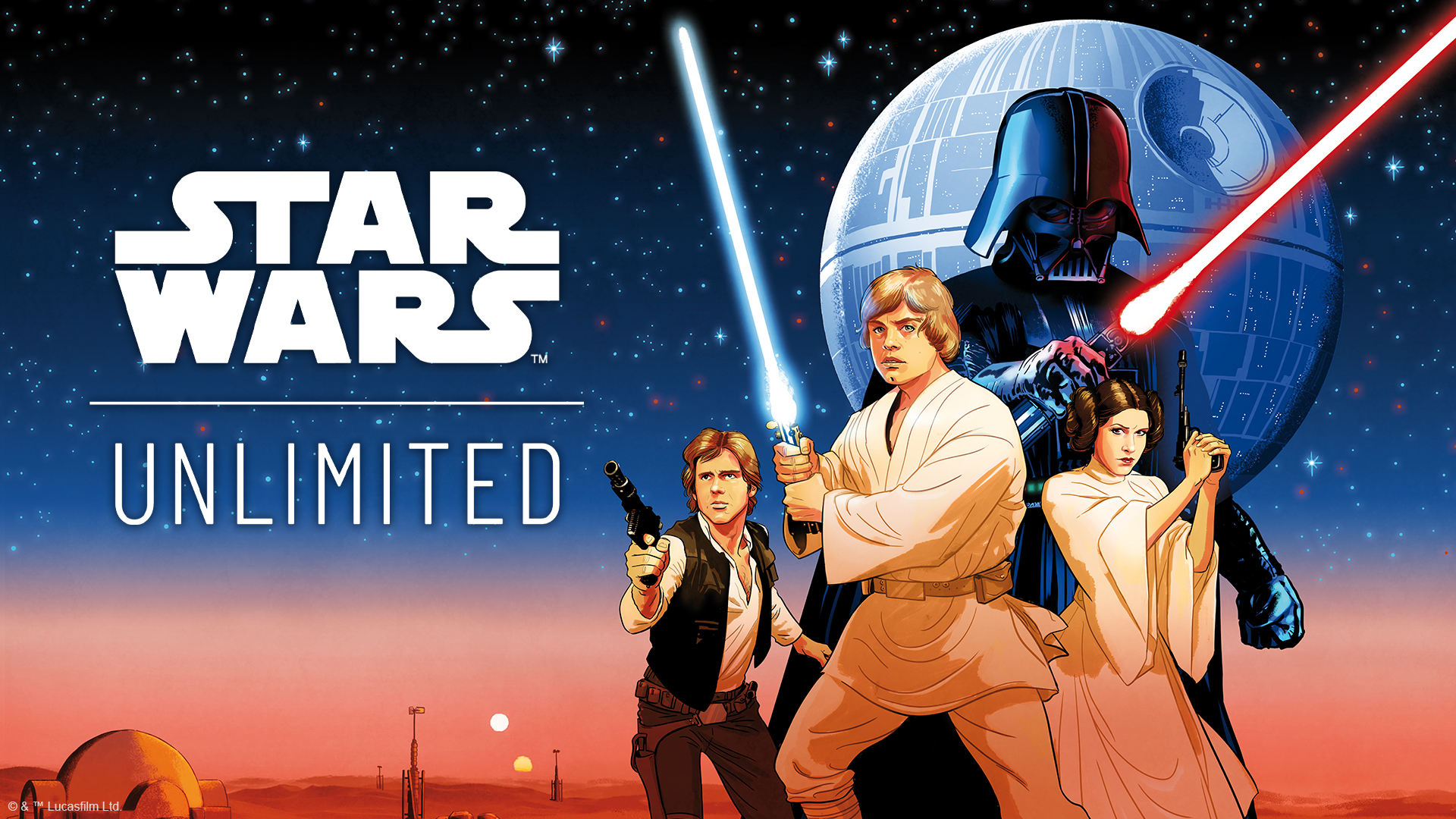 Key art for Star Wars: Unlimited shows Luke, Han, Leia, and Darth in a classic pose — weapons raised — in front of the Death Star. The style is cartoony, but realistic, with hints of the actual actors’ likenesses for good measure.
