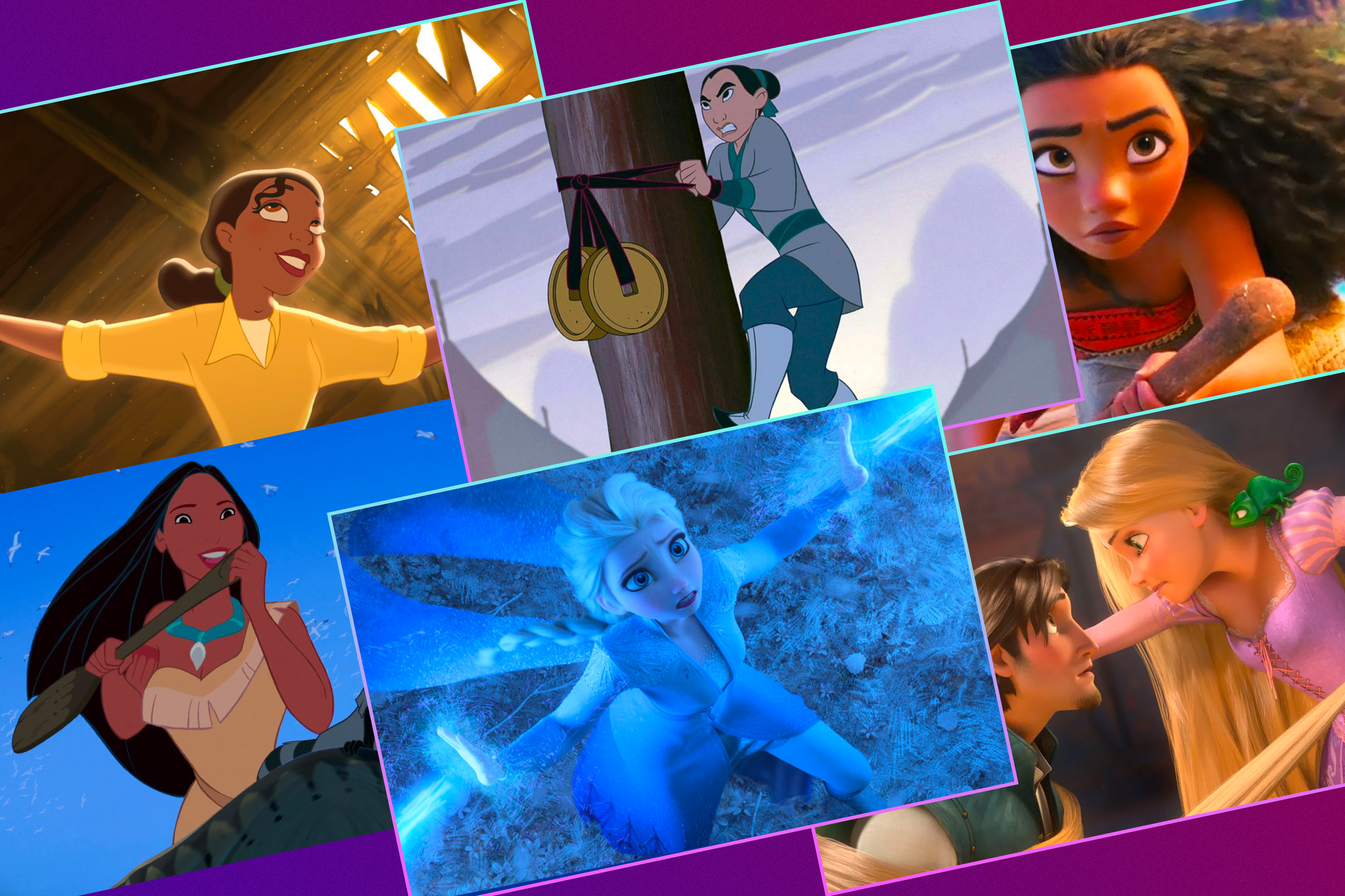 A six-panel grid collage of Disney Princesses, featuring Tiana singing in an empty warehouse, Mulan climbing the pole, Moana on her boat, Pocahontas on her canoe, Elsa wielding her ice powers, and Rapunzel holding Flynn captive. 