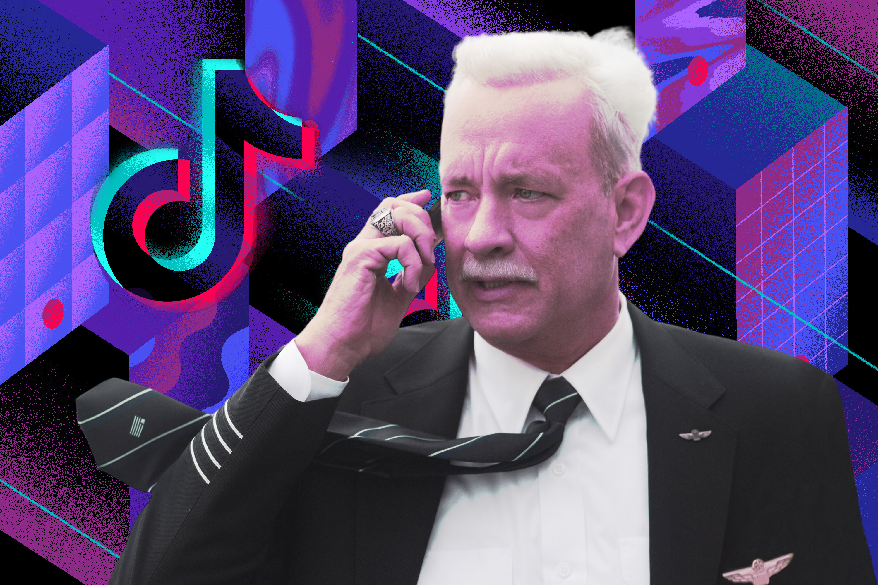 Tom Hanks in Sully, talking into his phone with his tie askew, set against an illustration including TikTok’s logo.