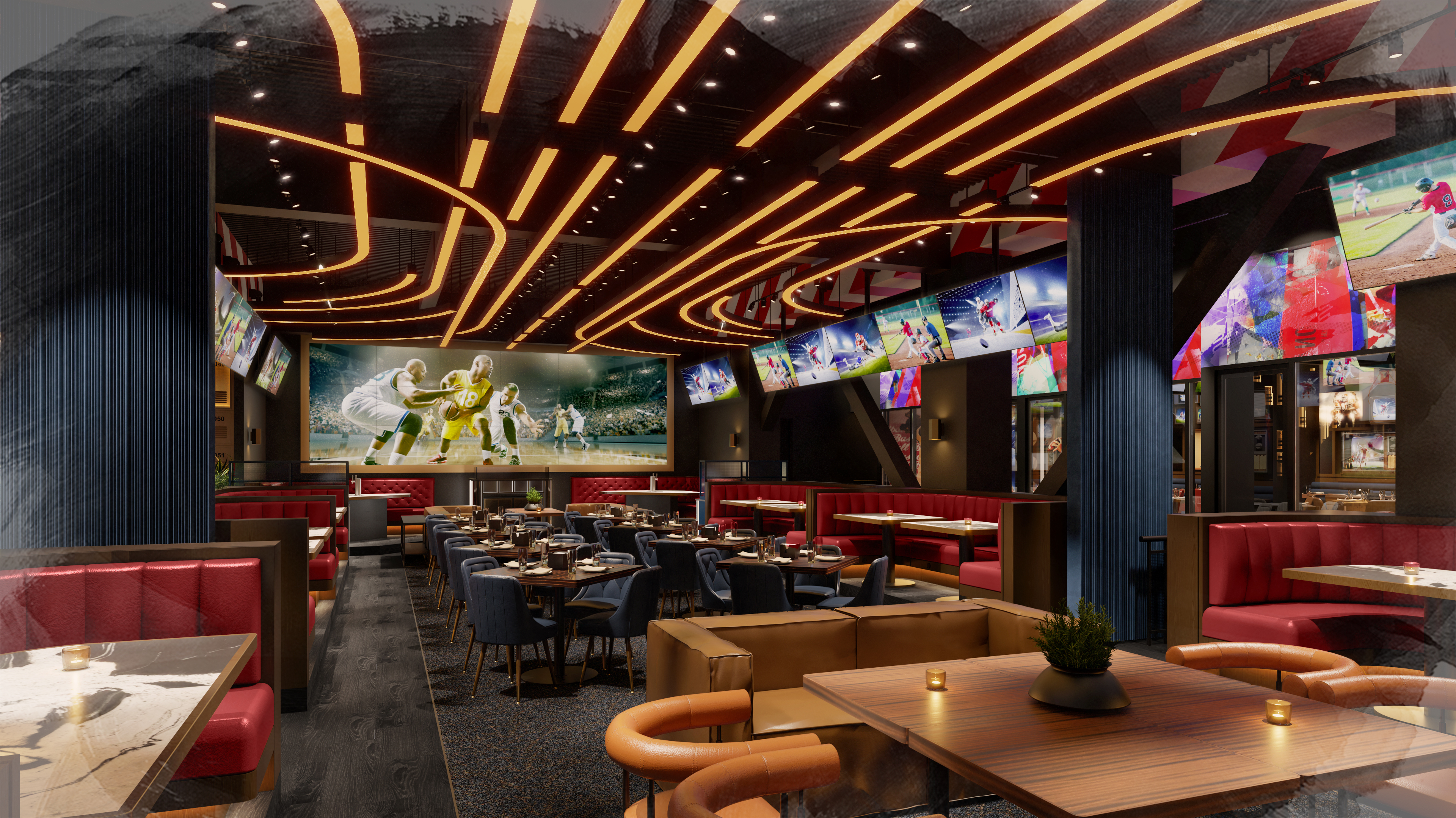 A rendering of Flanker Kitchen + Sports Bar shows pathways of lighting on the ceiling.