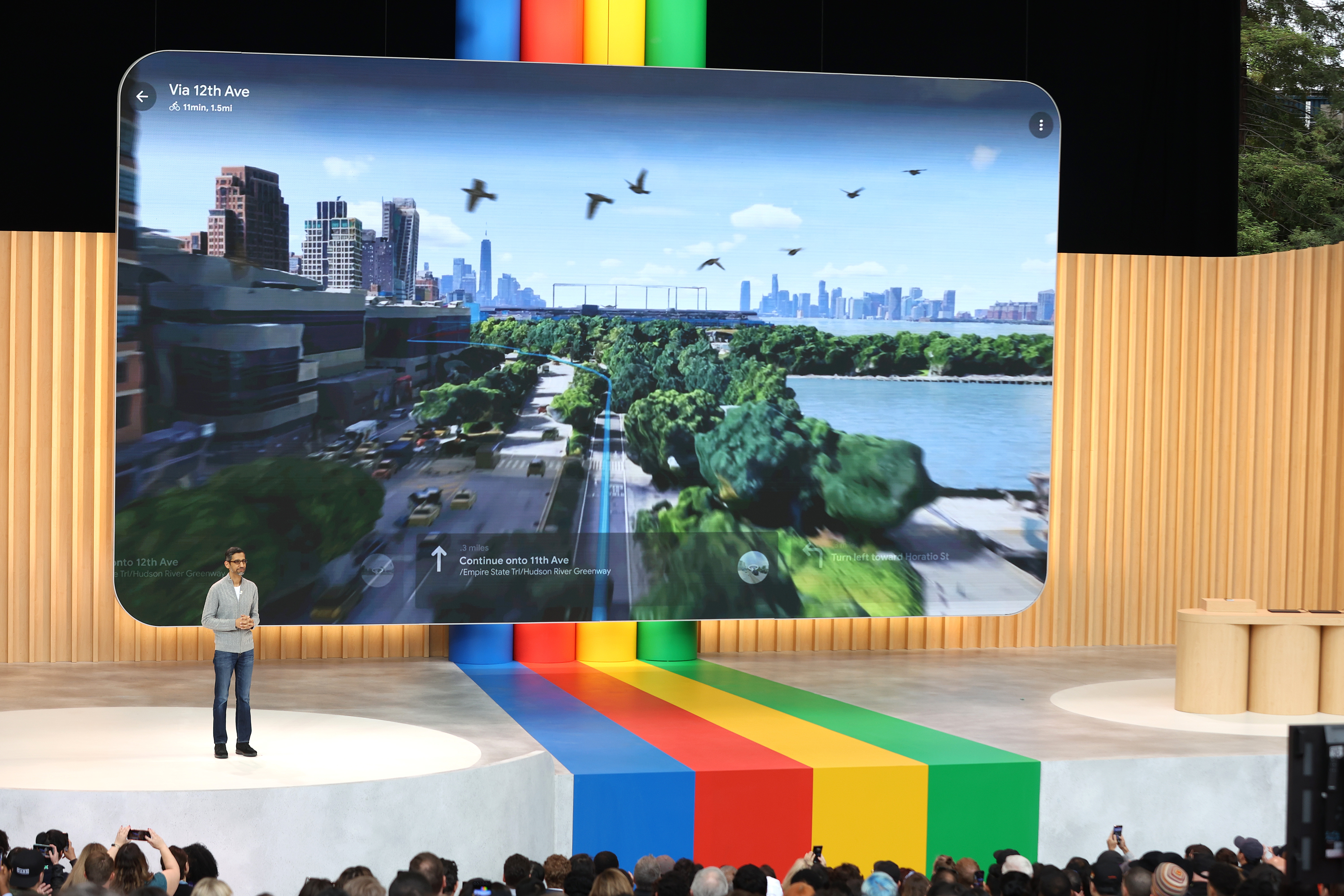 Google CEO Sundar Pichai onstage at Google I/O developer conference.