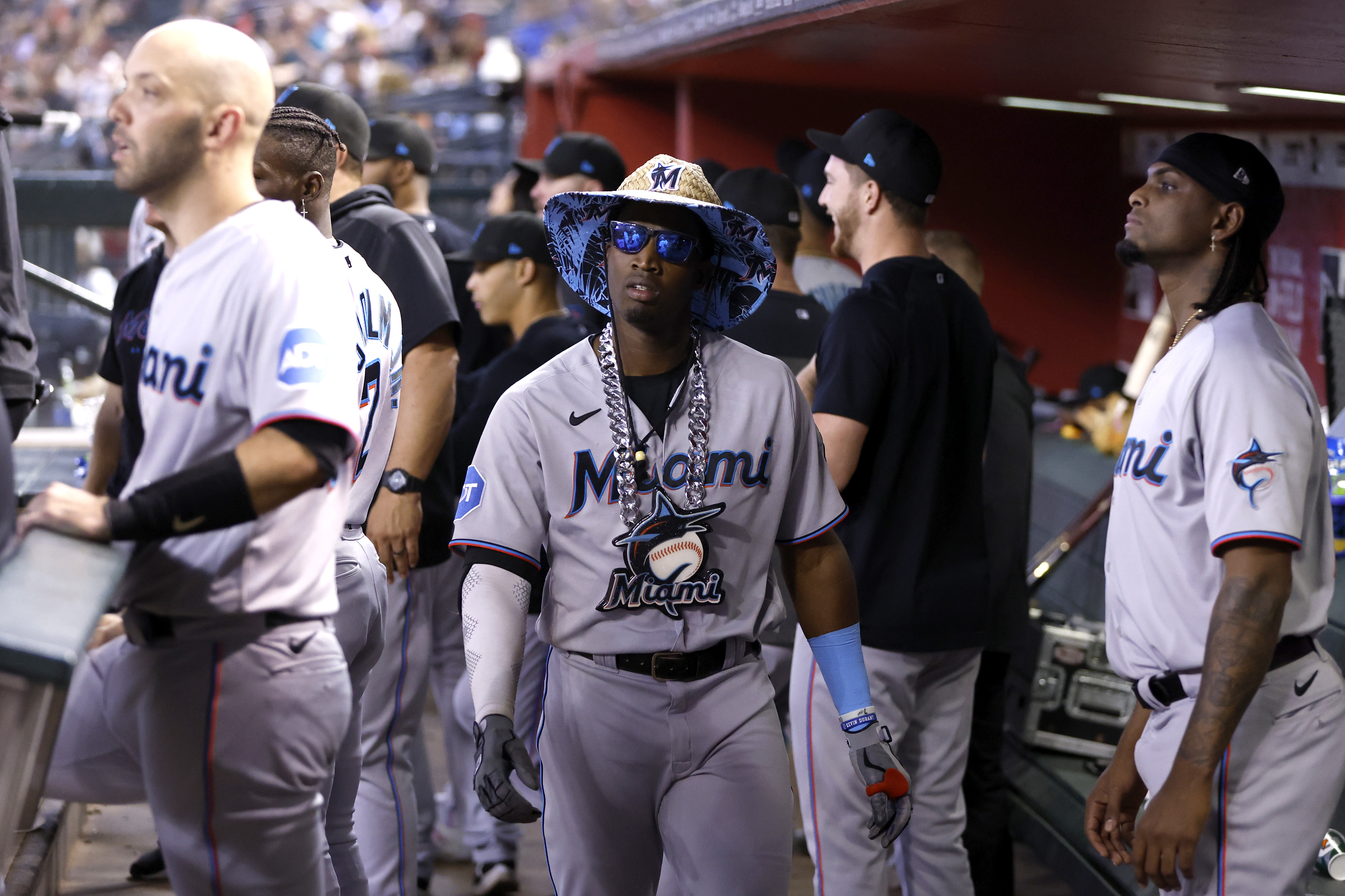 Jesus Sanchez #7 of the Miami Marlins walks in the dugout after hitting a three run home run against the Arizona Diamondbacks during the fourth inning at Chase Field on May 10, 2023 in Phoenix, Arizona.