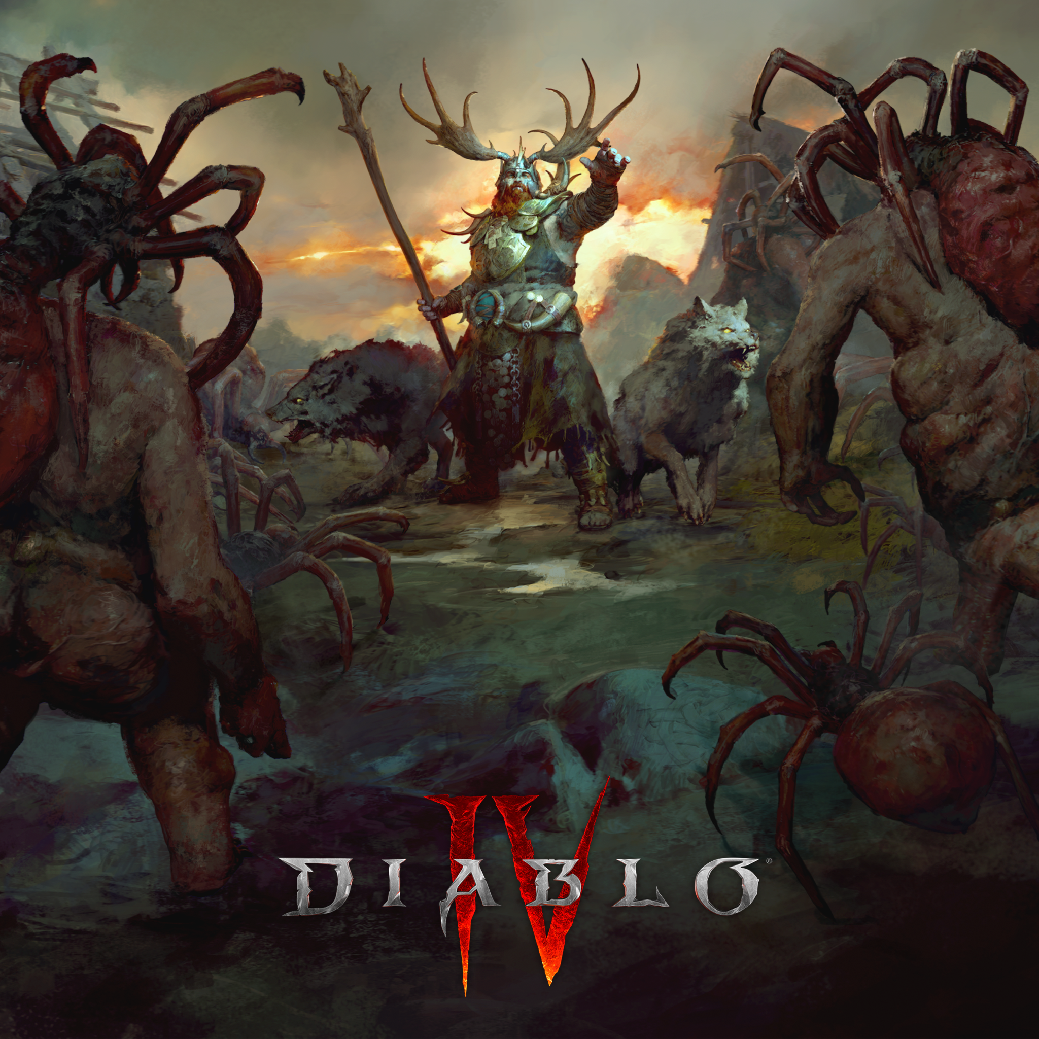A Diablo 4 druid, accompanied by wolves and wearing giant antlers, raises a hand to ward off encroaching monsteres