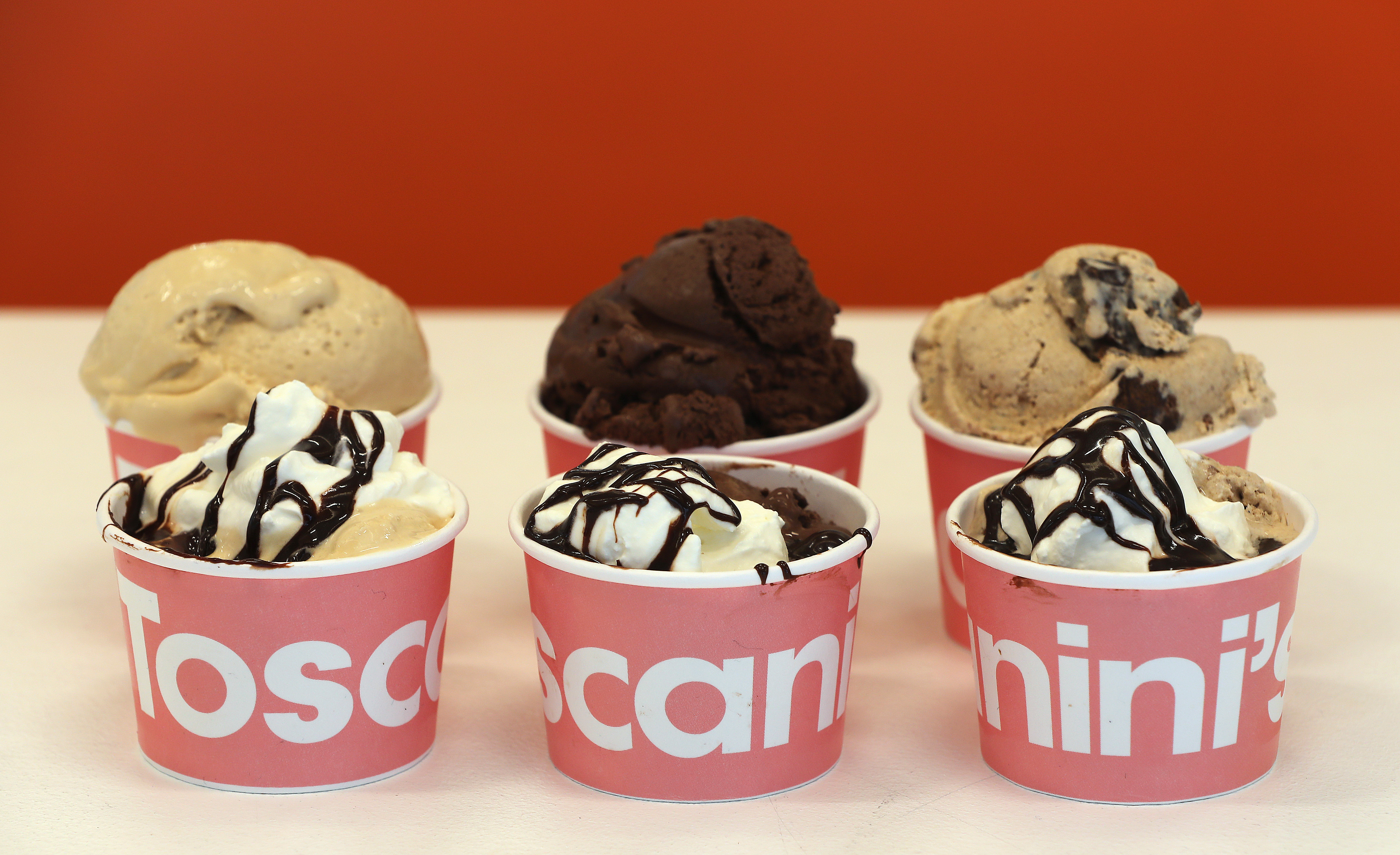 From left, salty caramel, B3 (brown sugar, brown butter &amp; brownies), and cocoa pudding flavors are pictured at the new location of Toscanini’s Ice Cream at 159 First St. in Cambridge, MA on March 12, 2018.
