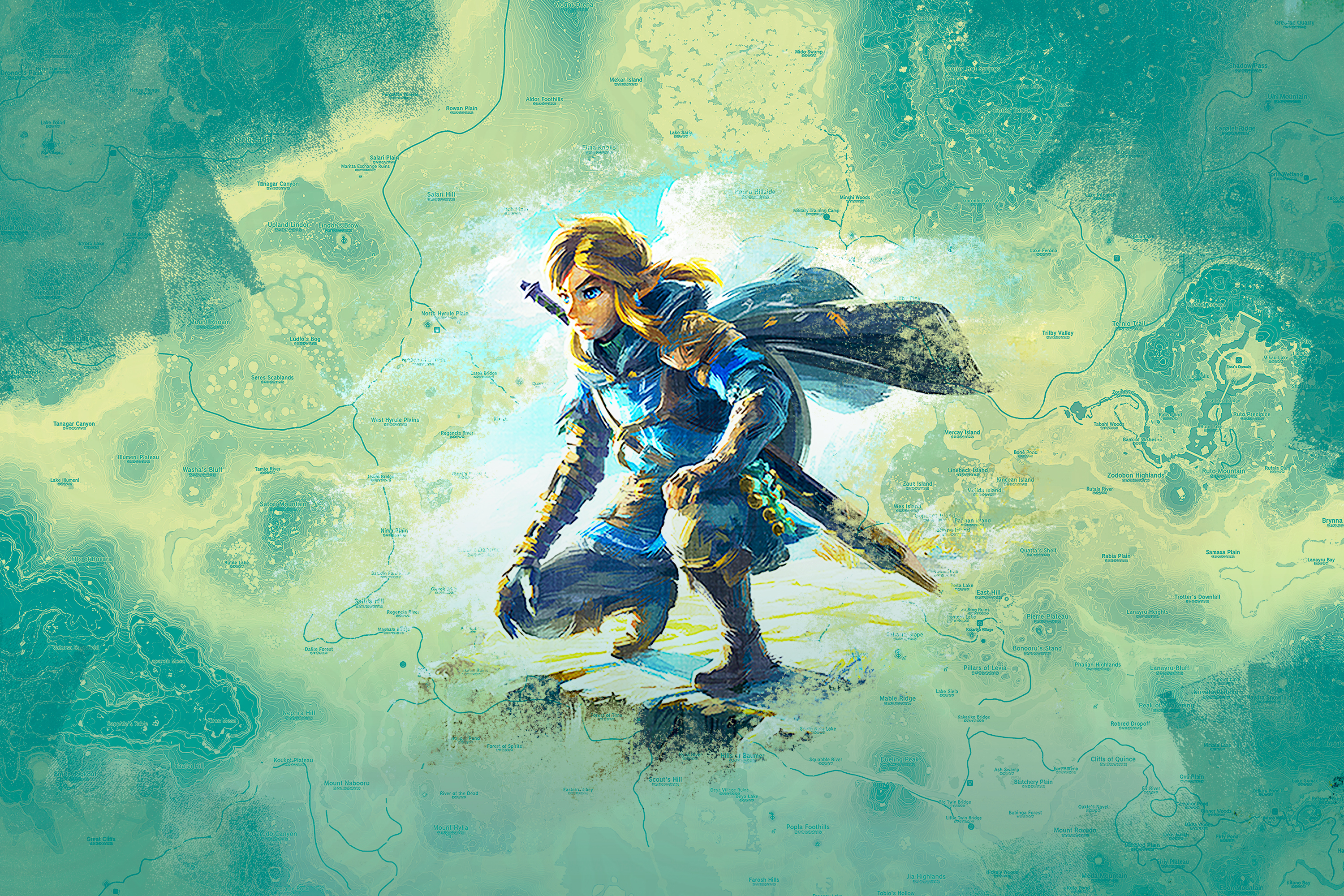 Link crouches down while wearing a blue tunic in key art for Zelda Tears of the Kingdom.