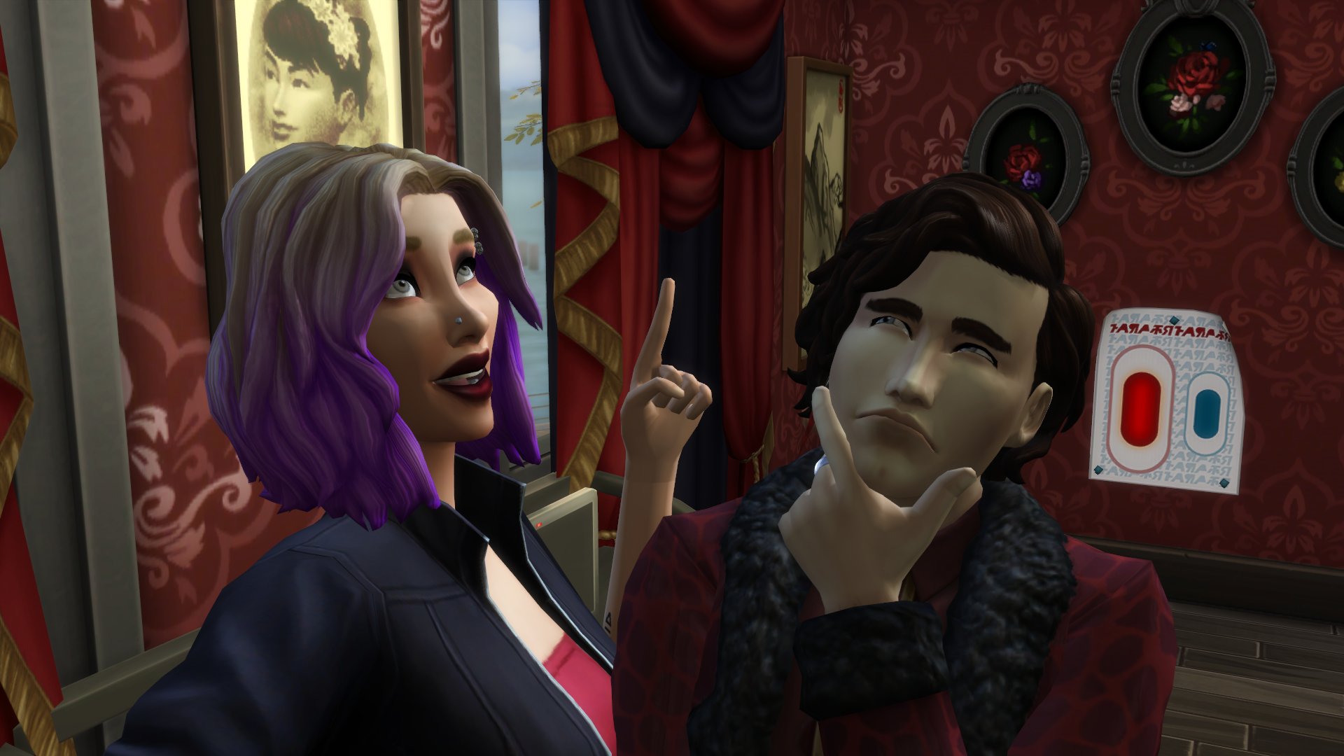 Two Sims posing for a selfie. A female sim with purple streaks in her blonde hair looks jazzed, while the male sim looks confused. 