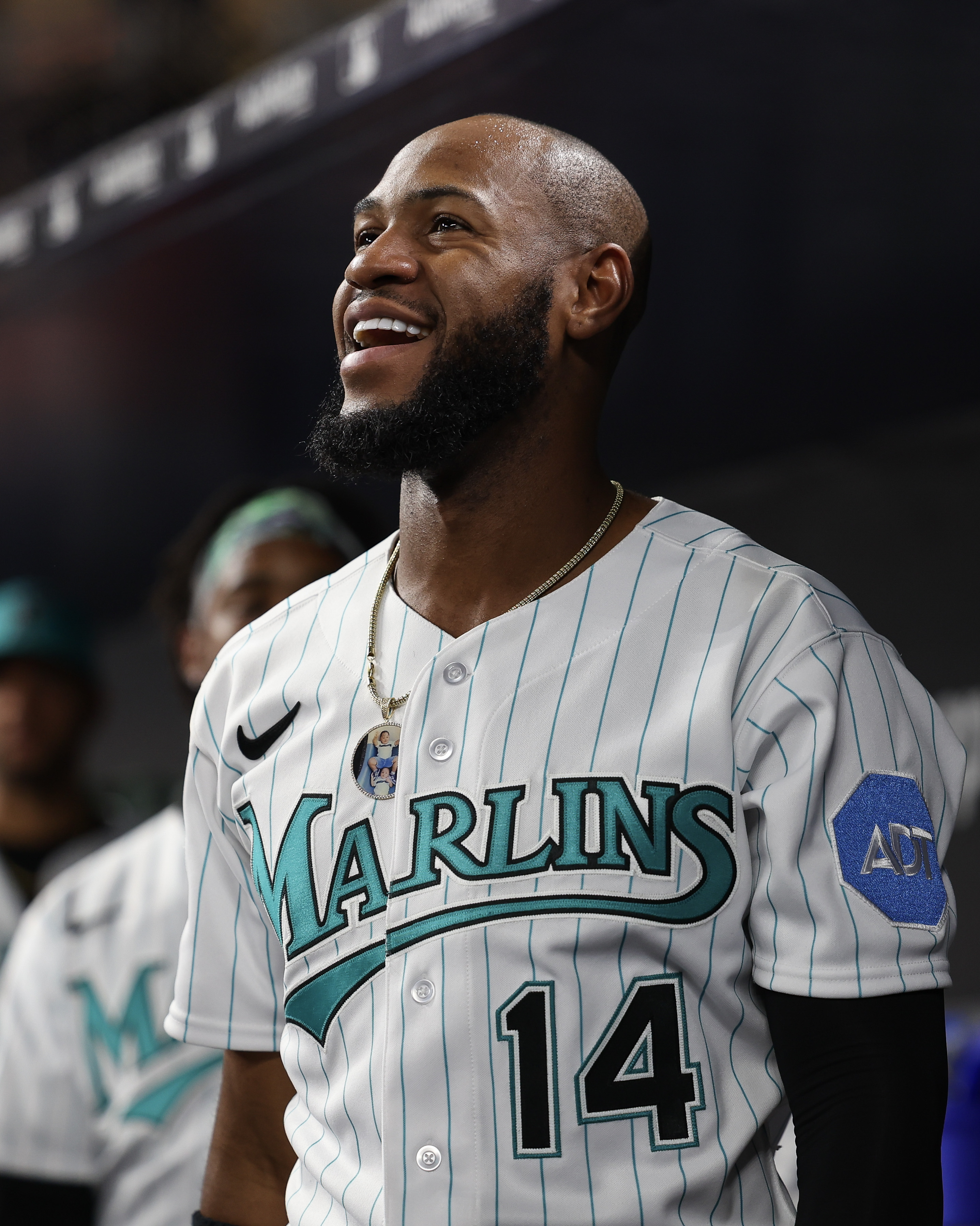 Bryan De La Cruz #14 of the Miami Marlins smiles after a homerun in the sixth inning against the Cincinnati Reds at loanDepot park on May 12, 2023 in Miami, Florida.