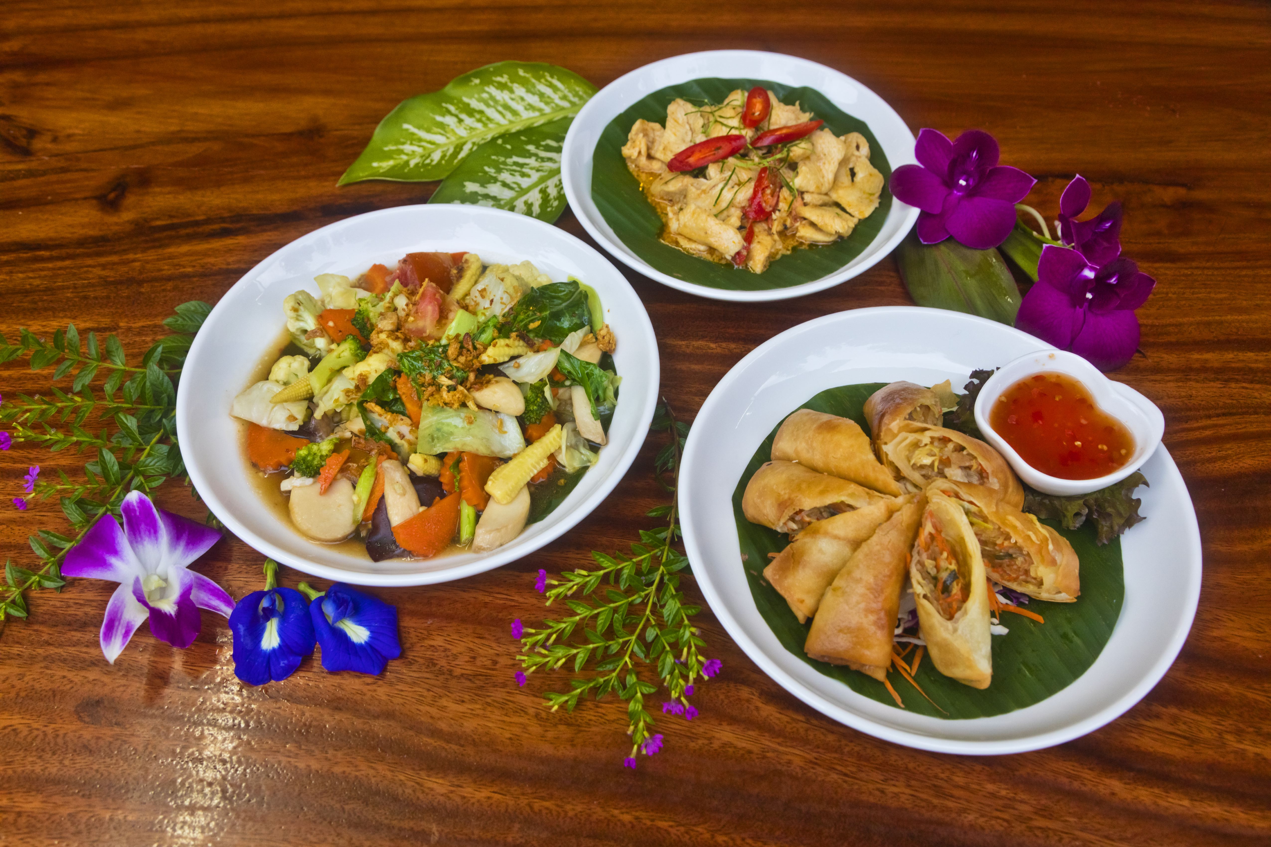Spring Rolls, Mixed Vegetables and Chicken Curry are delicious at Cocos Cafe, KHAO SOK, THAILAND