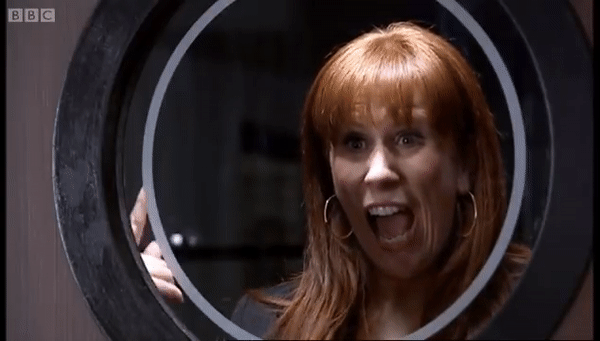 A GIF of Donna Noble and the Tenth Doctor, where she is looking through a window and going “IT’S ME” and he’s like “Yes, I see that.”