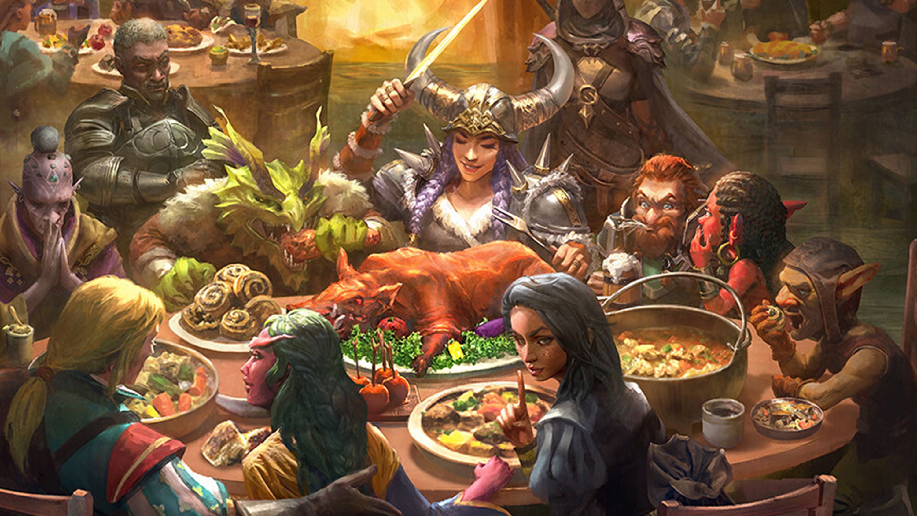 A group of addventurers sitting around the Yawning Portal enjoying a sumptuous feast. Dishes include a whole pig, sweet rolls, and what looks like candied apples alongside a rich stew. A dwarf, hearing something from a neighboring tiefling, spits out his beer. Cover art for Heroes’ Feast, a D&amp;D-themed cookbook.