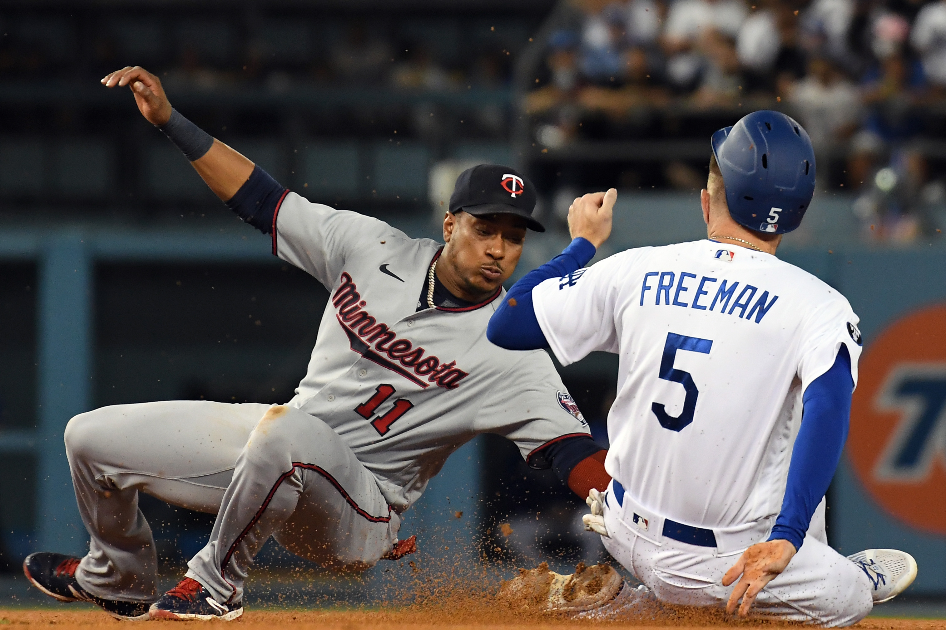 2023 Dodgers stolen base leader Freddie Freeman sliding into second base.
