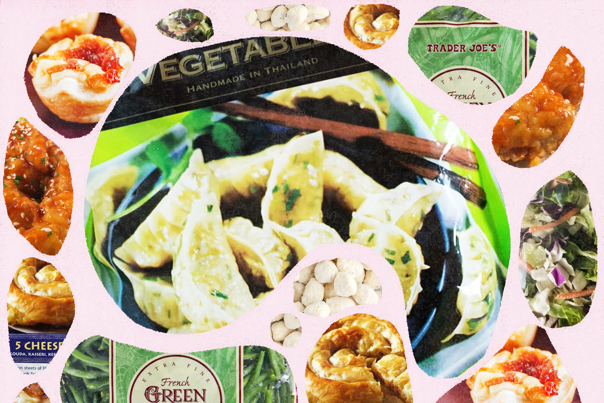 Snippets of the packaging from different Trader Joe’s frozen foods. Collage illustration.