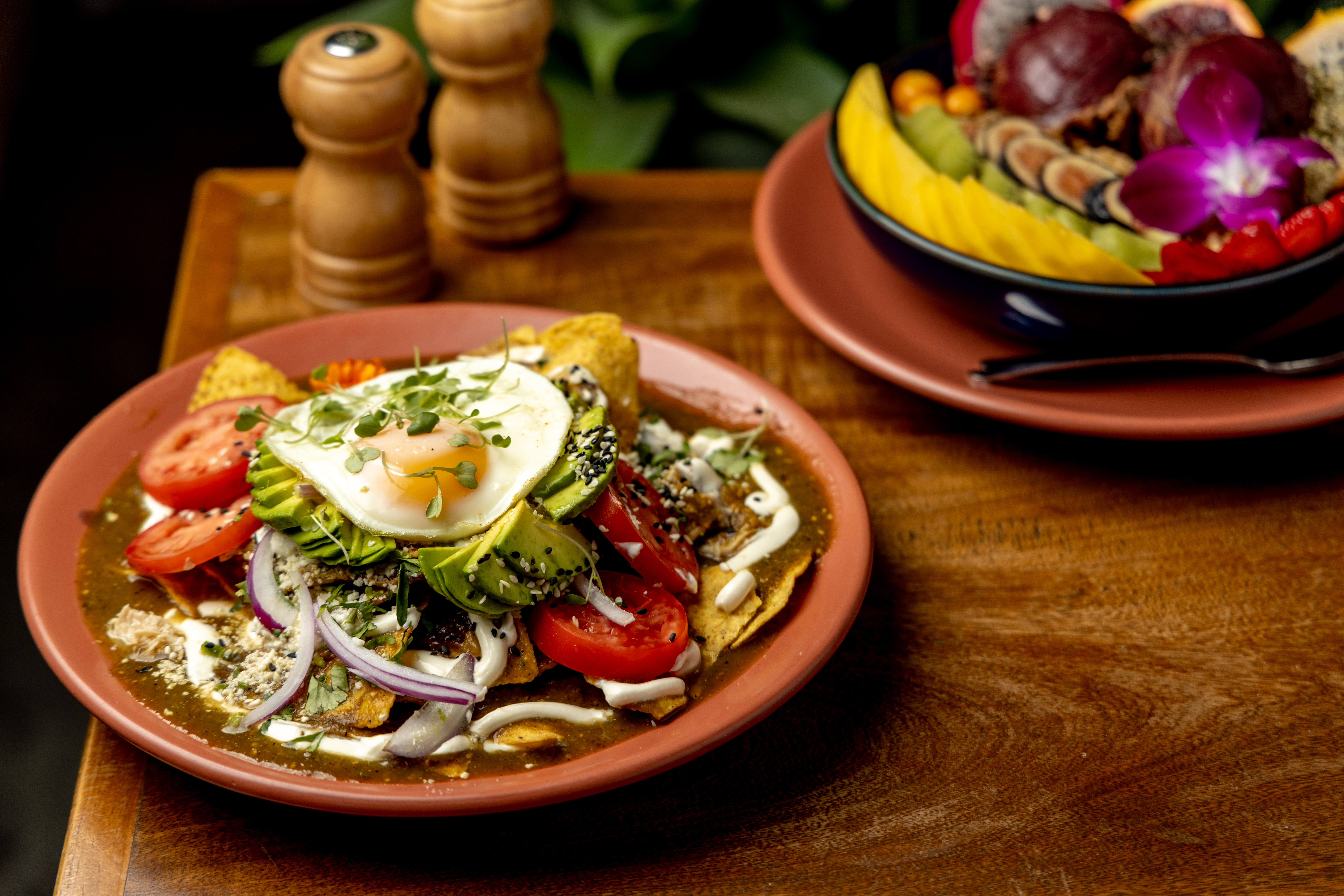 Ojo de Agua’s chilaquiles, topped with a fried egg, cilantro, onions, and verde salsa, with an acai bowl topped with fresh fruit on the side.