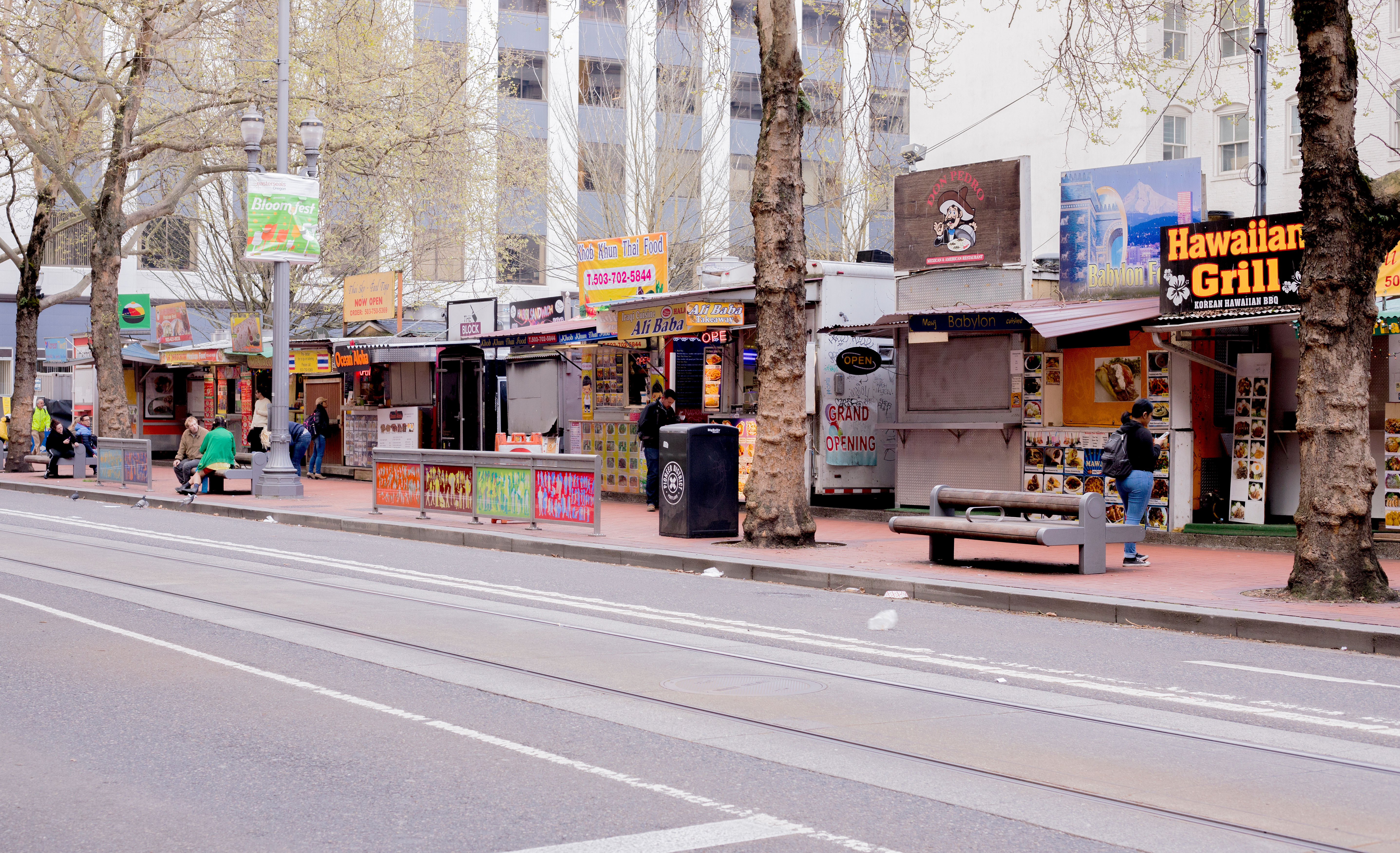A line of food carts on Southwest 5th Avenue in downtown Portland.