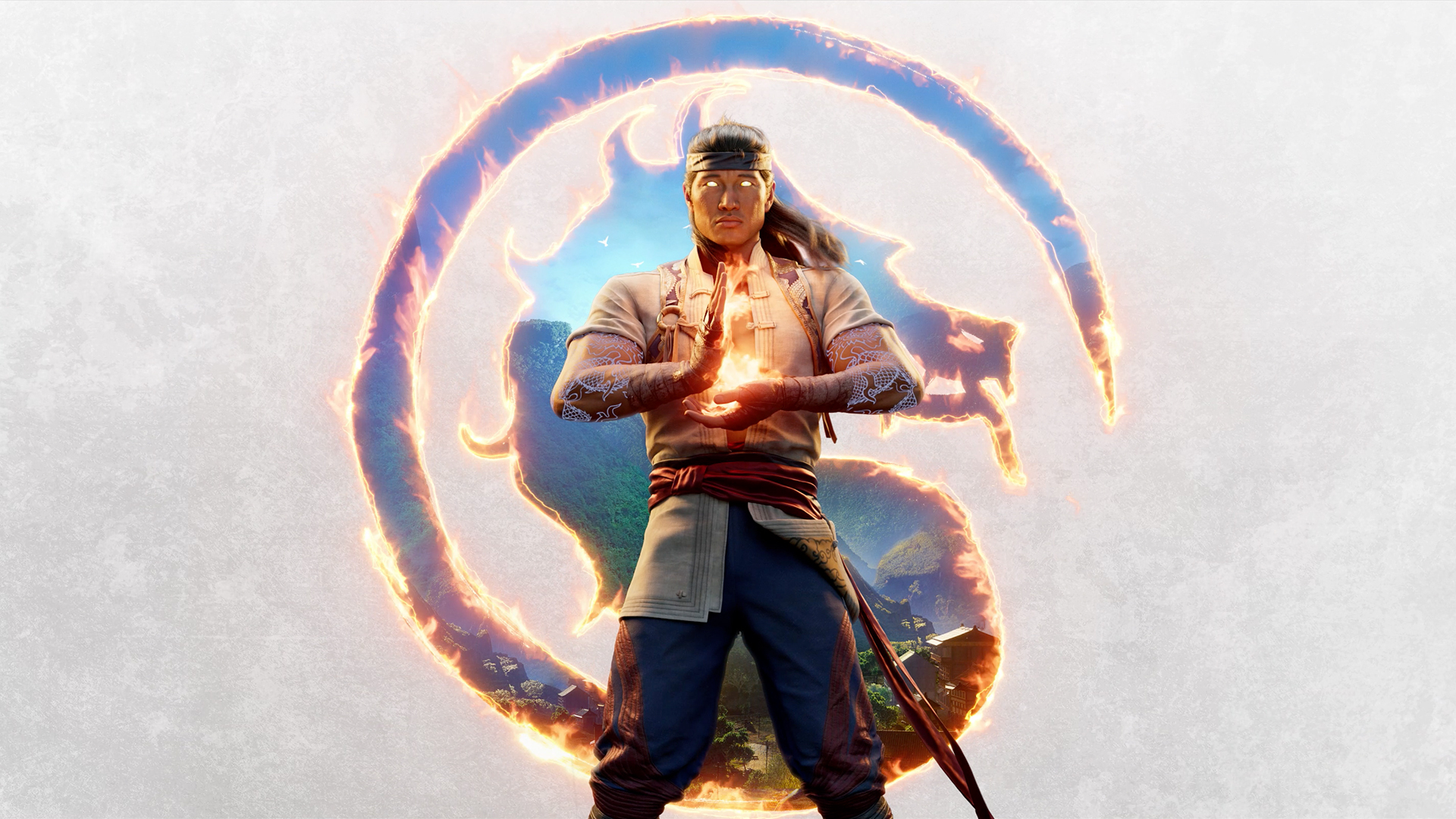 Fire God Liu Kang poses in front of a burning Mortal Kombat logo, which reveals a mountain village behind him