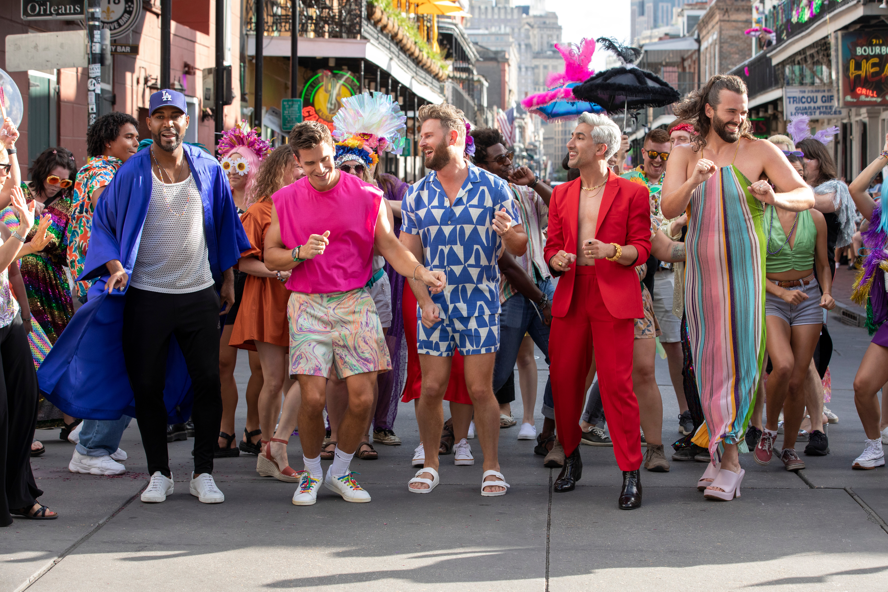 Queer Eye stars Karamo Brown, Antoni Porowski, Bobby Berk, Tan France, Jonathan Van Ness in New Orleans’s French Quarter.