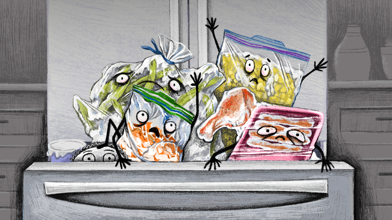 Anthropomorphized bags and containers of old food crawling zombie-like out of the freezer. Illustration.
