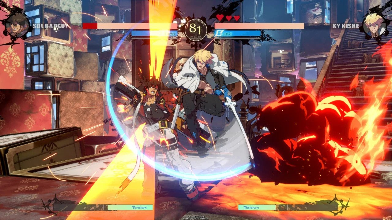 Ky strikes Sol with an attack from his saber in Guilty Gear Strive