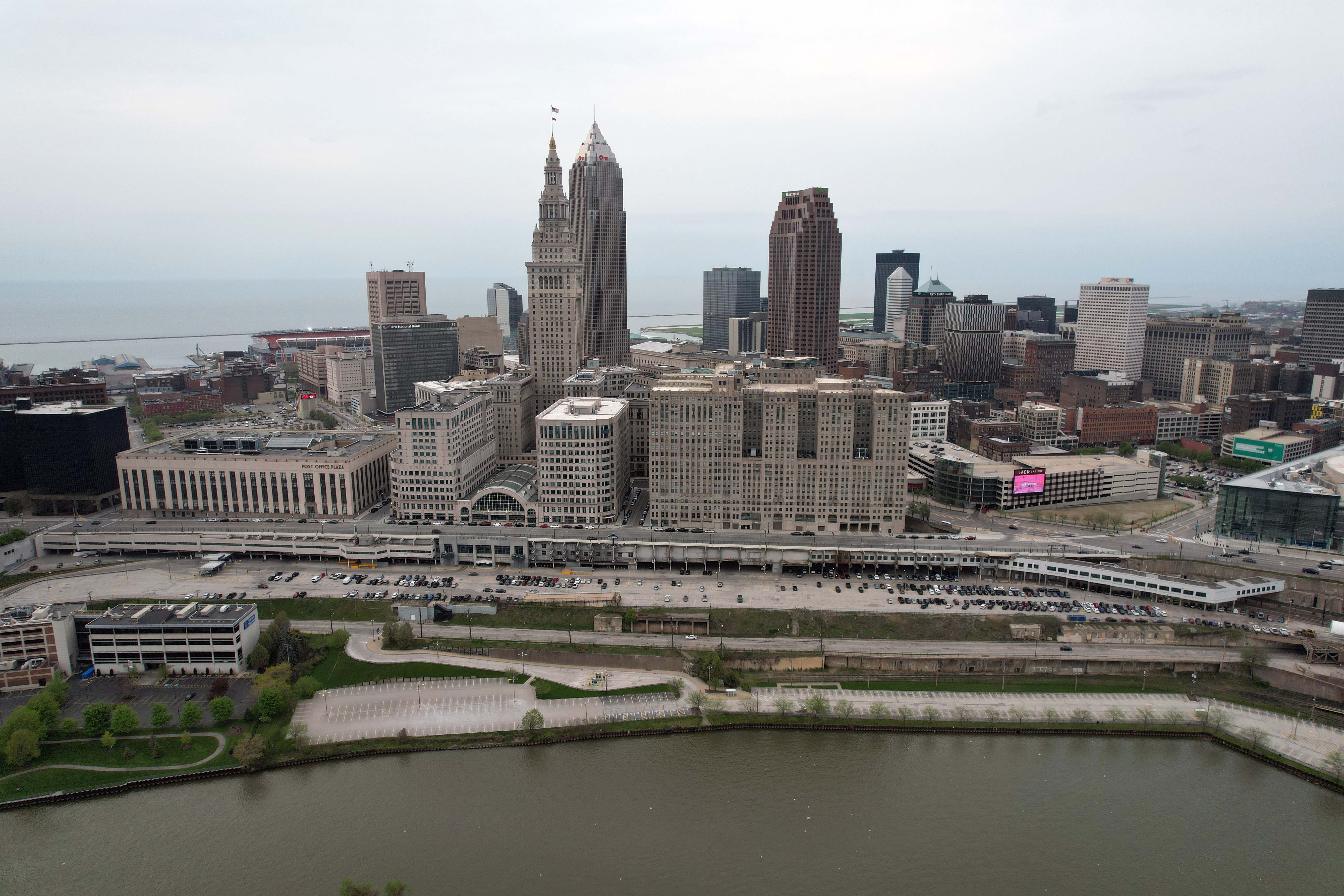 A general aerial view of the downtown skyline and Cuyahoga River prior to the 2021 NFL Draft.