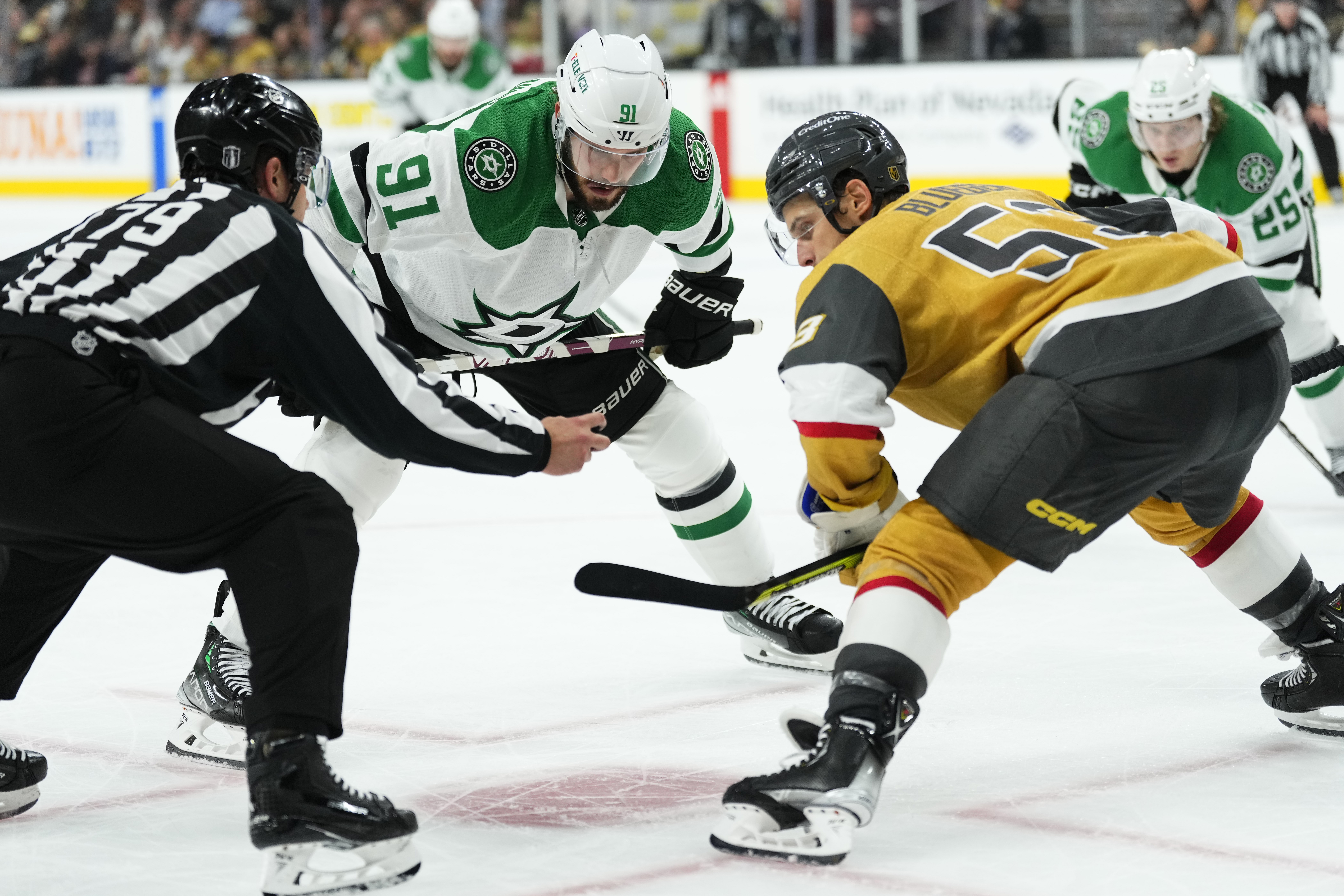 Teddy Blueger #53 of the Vegas Golden Knights prepares to face off against Tyler Seguin #91 of the Dallas Stars during the third period in Game One of the Western Conference Final of the 2023 Stanley Cup Playoffs at T-Mobile Arena on May 19, 2023 in Las Vegas, Nevada.