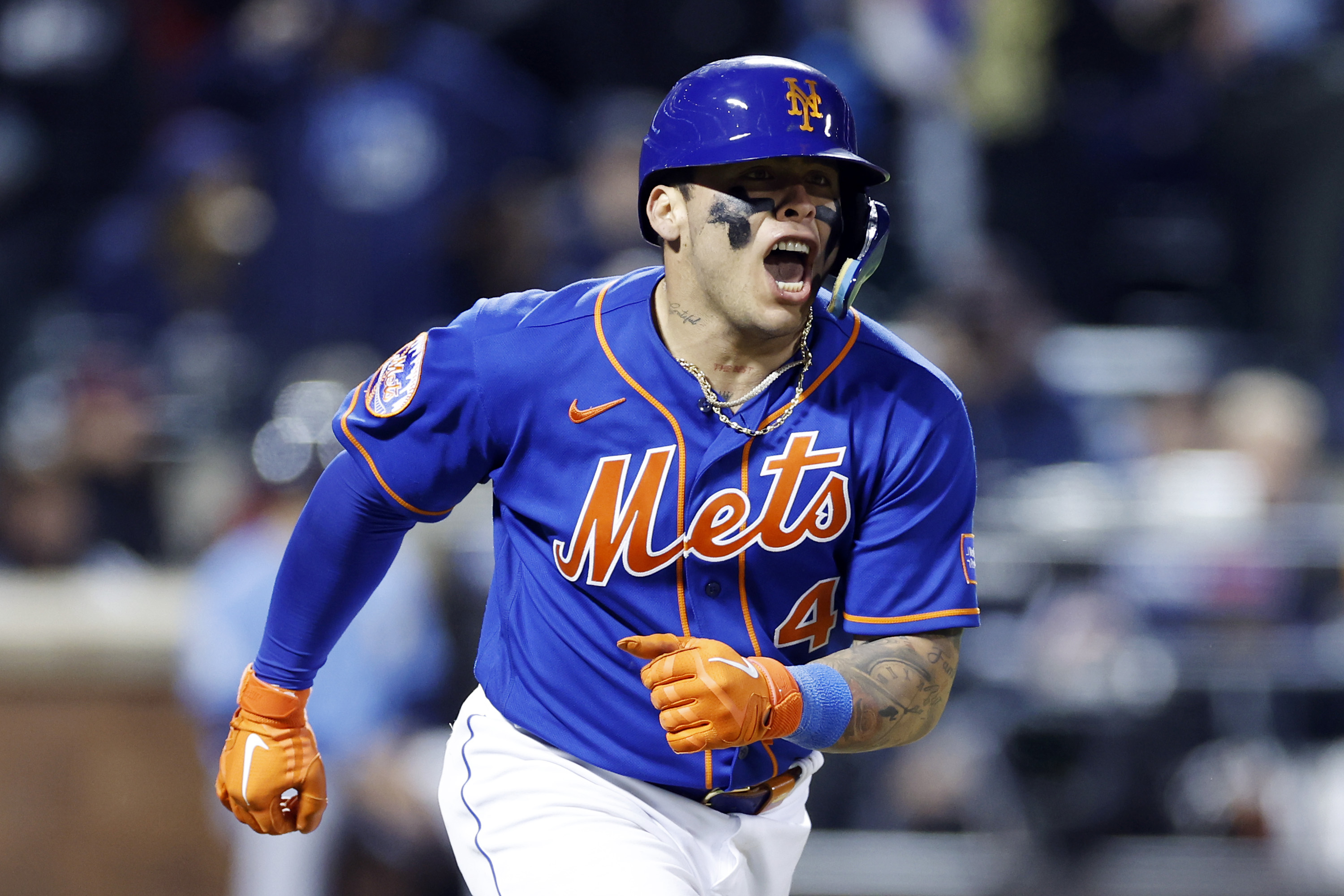 Francisco Alvarez of the New York Mets reacts after hitting a game-tying three-run home run during the ninth inning against the Tampa Bay Rays at Citi Field on May 17, 2023 in the Flushing neighborhood of the Queens borough of New York City.