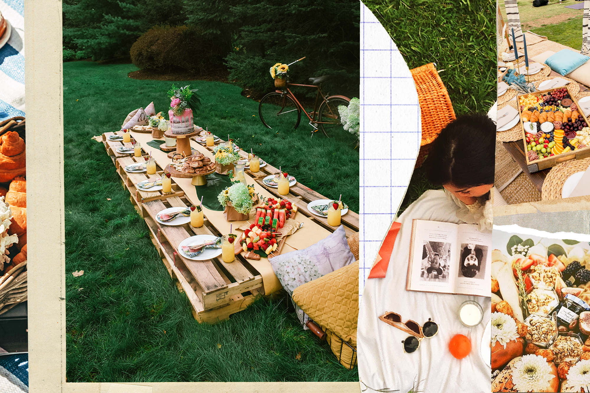 A lavishly decorated picnic table made of wooden pallets sits on a grassy lawn; the scene is interspersed with photos of decadent platters of food. Photo collage. 