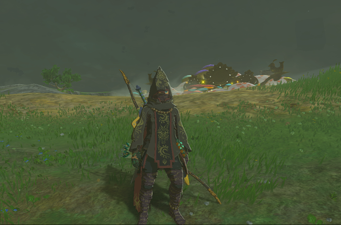 Link stands in the Depths armor, which is dark fabric with a pointed hood, in Tears of the Kingdom
