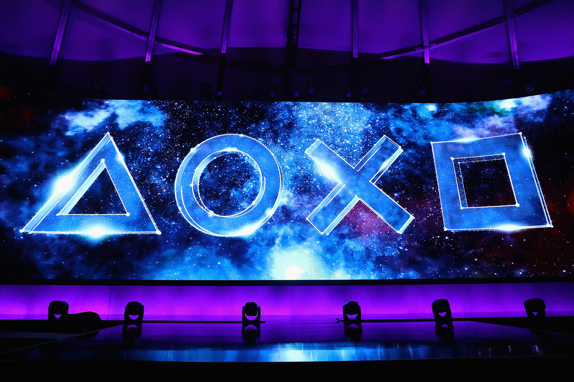 Sony Playstation logos are displayed during the Sony PlayStation E3 conference at LA Center Studios on June 11, 2018 in Los Angeles, California.