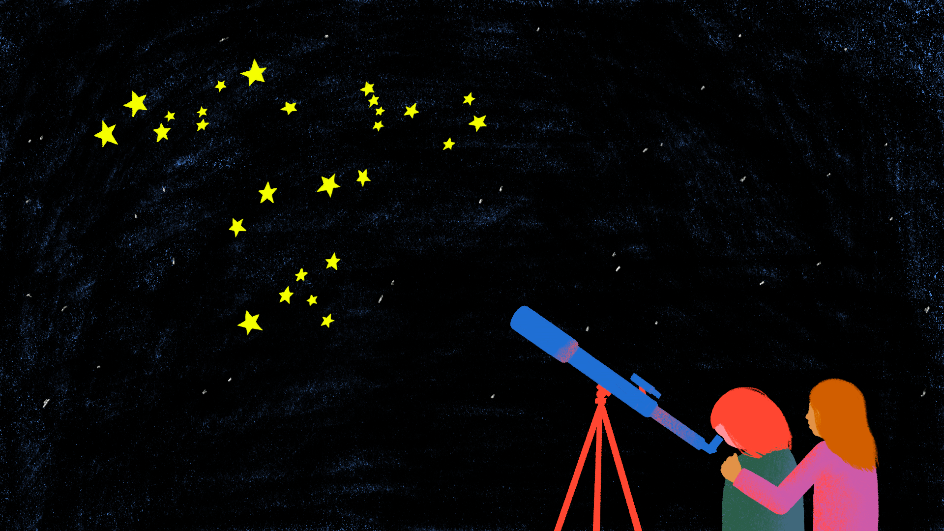 Two women stand next to each other in a supportive embrace. One is looking through a telescope up at a constellation that makes up female reproductive organs. Fallopian tubes are visible at first, but slowly fade away. Then other stars in the sky flicker.