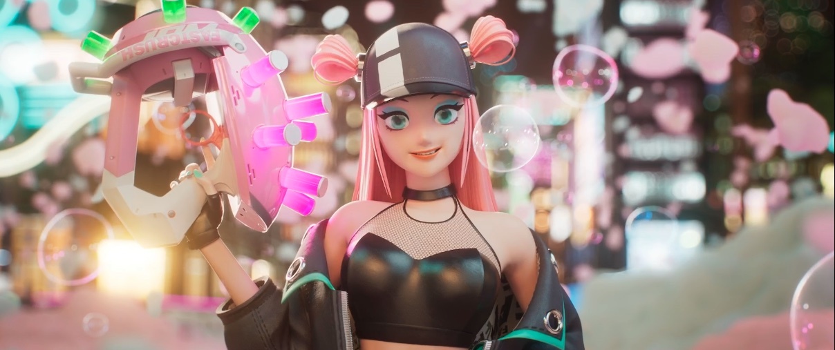 A cheerful young woman in a baseball cap holds up a colorful gun in Foamstars