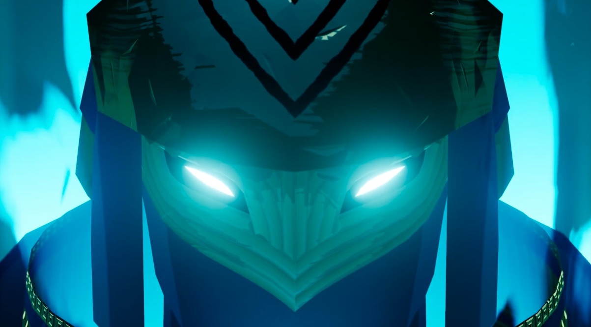 A person in a mask with glowing blue eyes.