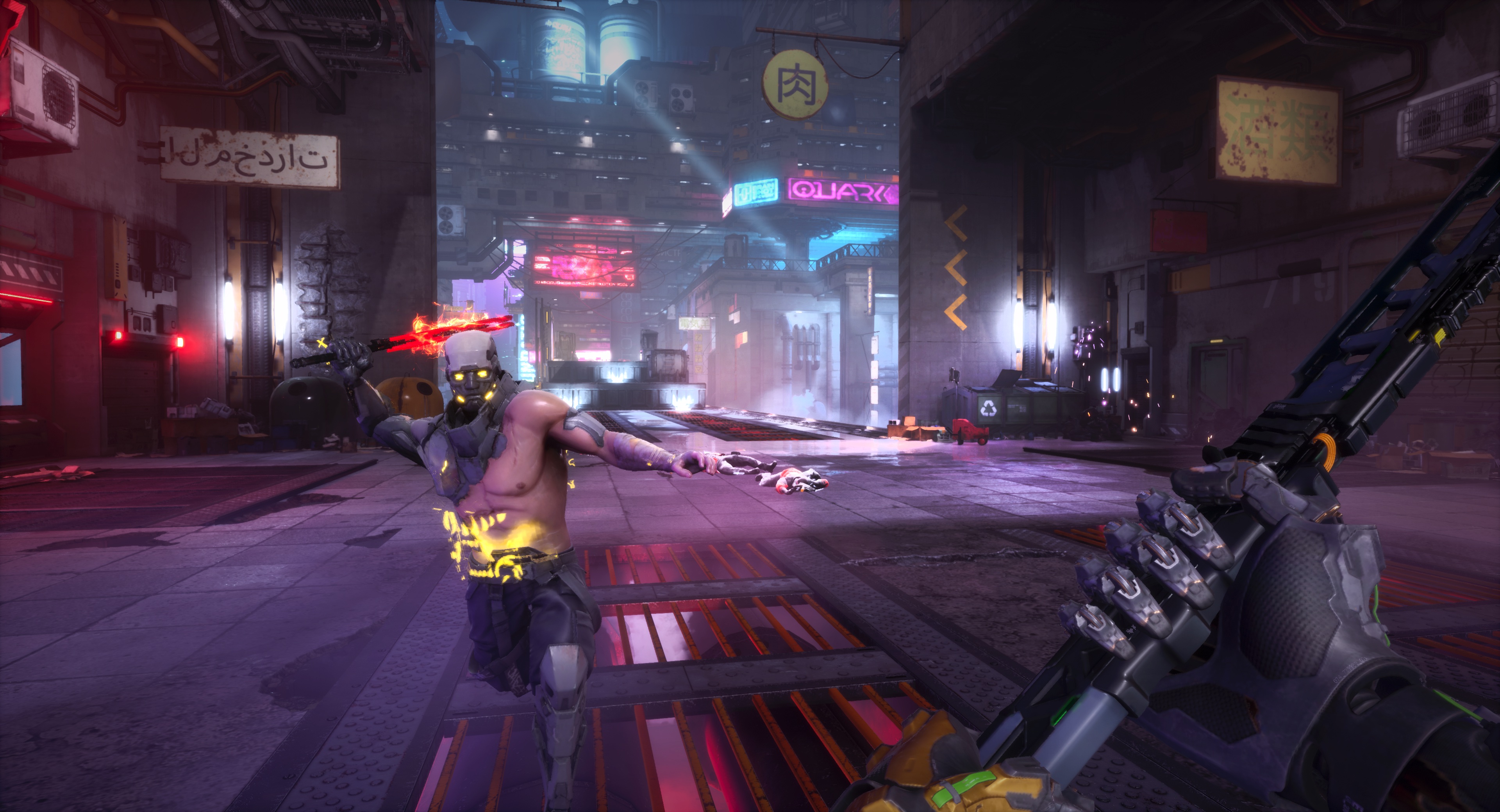 A screenshot from Ghostrunner 2, featuring a first-person perspective shot of the player’s character holding a cybernetic sword as an enemy lunges at them with a bladed weapon.
